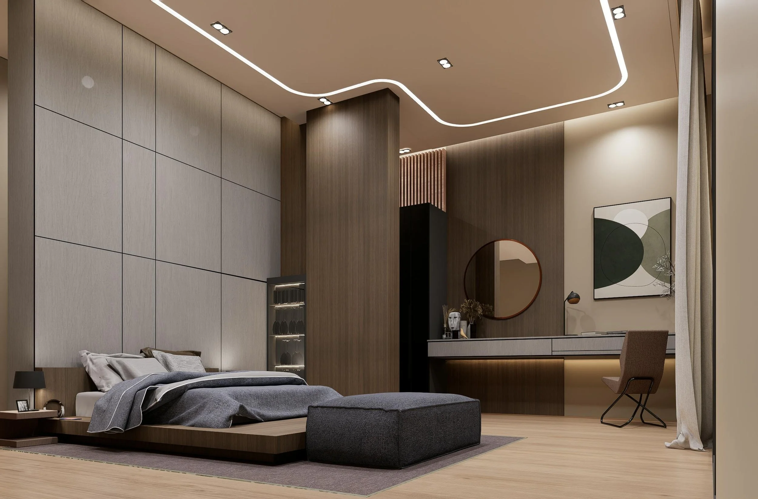 Modern bedroom with a low wooden bed, gray bedding, a black ottoman, a nightstand with a lamp, and a built-in desk with a round mirror and abstract artwork, featuring wood paneling and soft lighting.