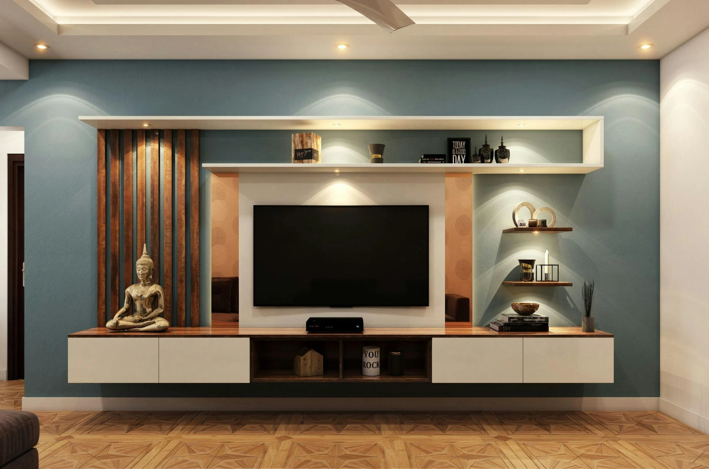 Modern living room entertainment wall with a flat screen TV, shelves with decorative items, and a Buddha statue.
