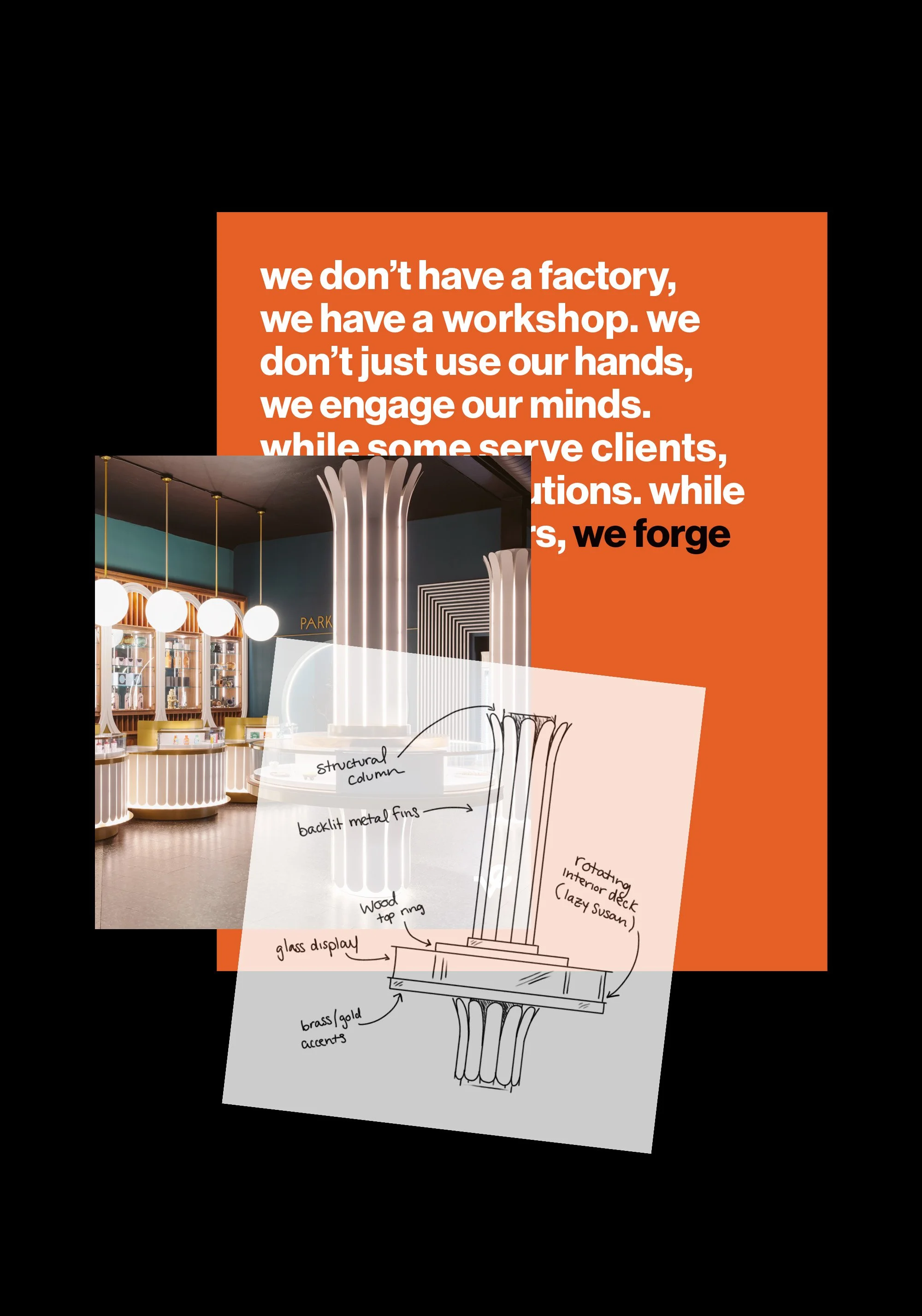 A digital rendering of a modern, stylish interior space with hanging globe lights, a display case, and color accents, alongside a detailed hand-drawn sketch of a column design with notes about materials like glass, wood, brass, and finishes.