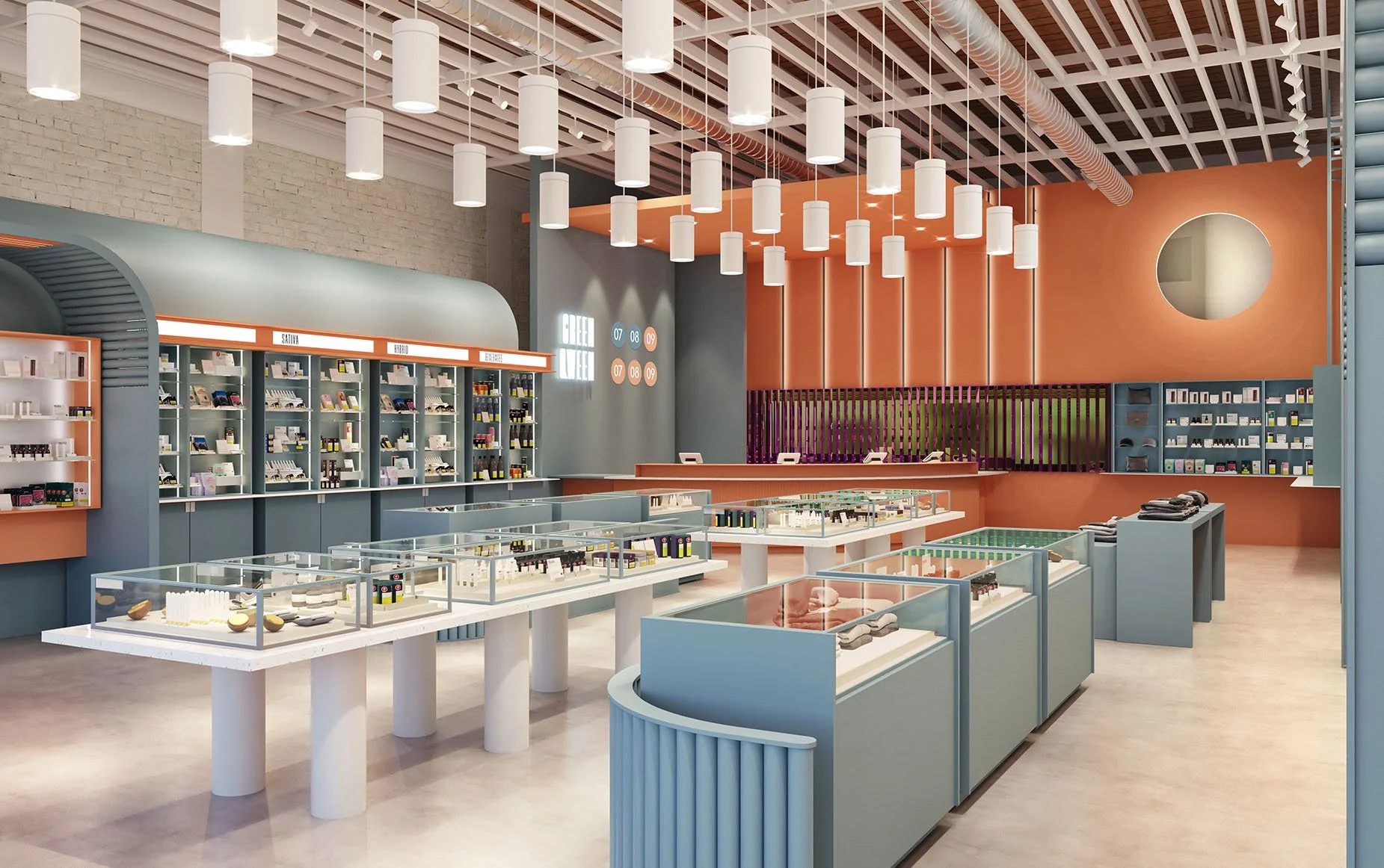 Interior of a modern retail store with display cases, shelving units, colorful walls, and multiple hanging lights.
