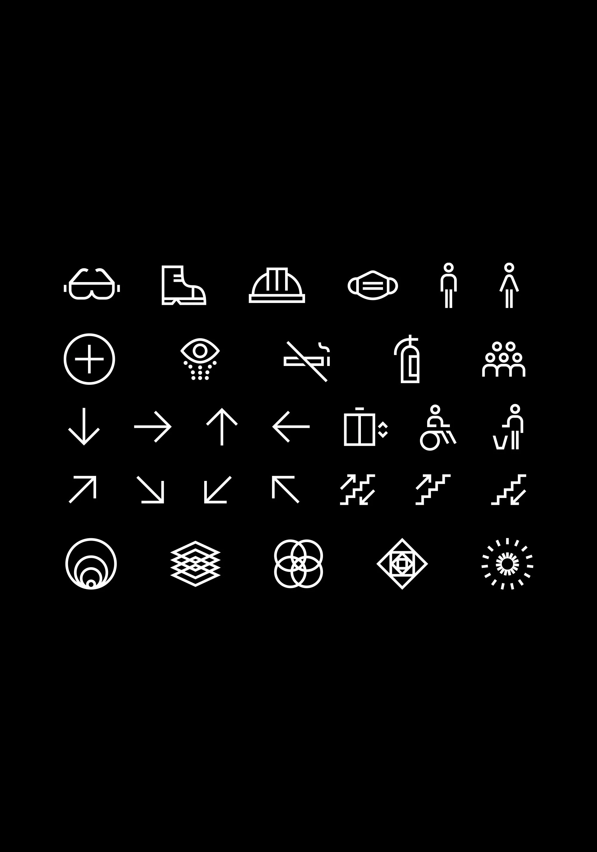 Array of white icons on a black background representing safety measures such as goggles, boots, helmet, face mask, social distancing, hand washing, no smoking, fire extinguisher, group of people, arrow directions, date, abstract symbols, and sun.