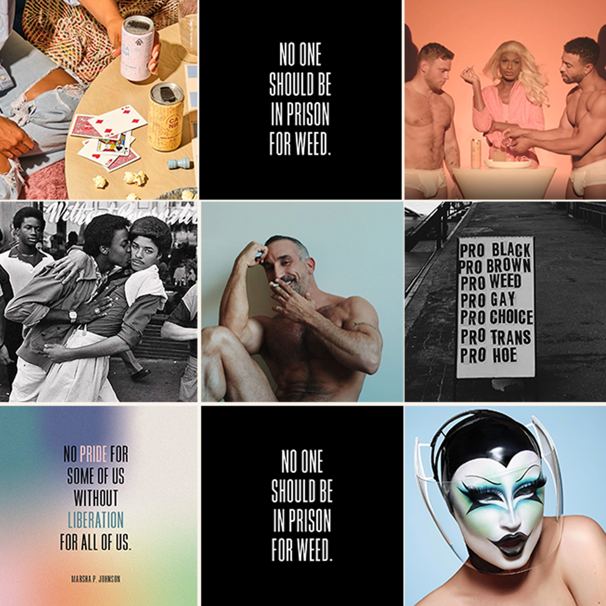 A collage of images featuring social and cultural themes, including a person holding a soda can with alcohol, a group of three people in underwear, and signs with messages supporting black pride and LGBTQ+ rights. The central black panel has text reading "NO ONE SHOULD BE IN PRISON FOR WEED."