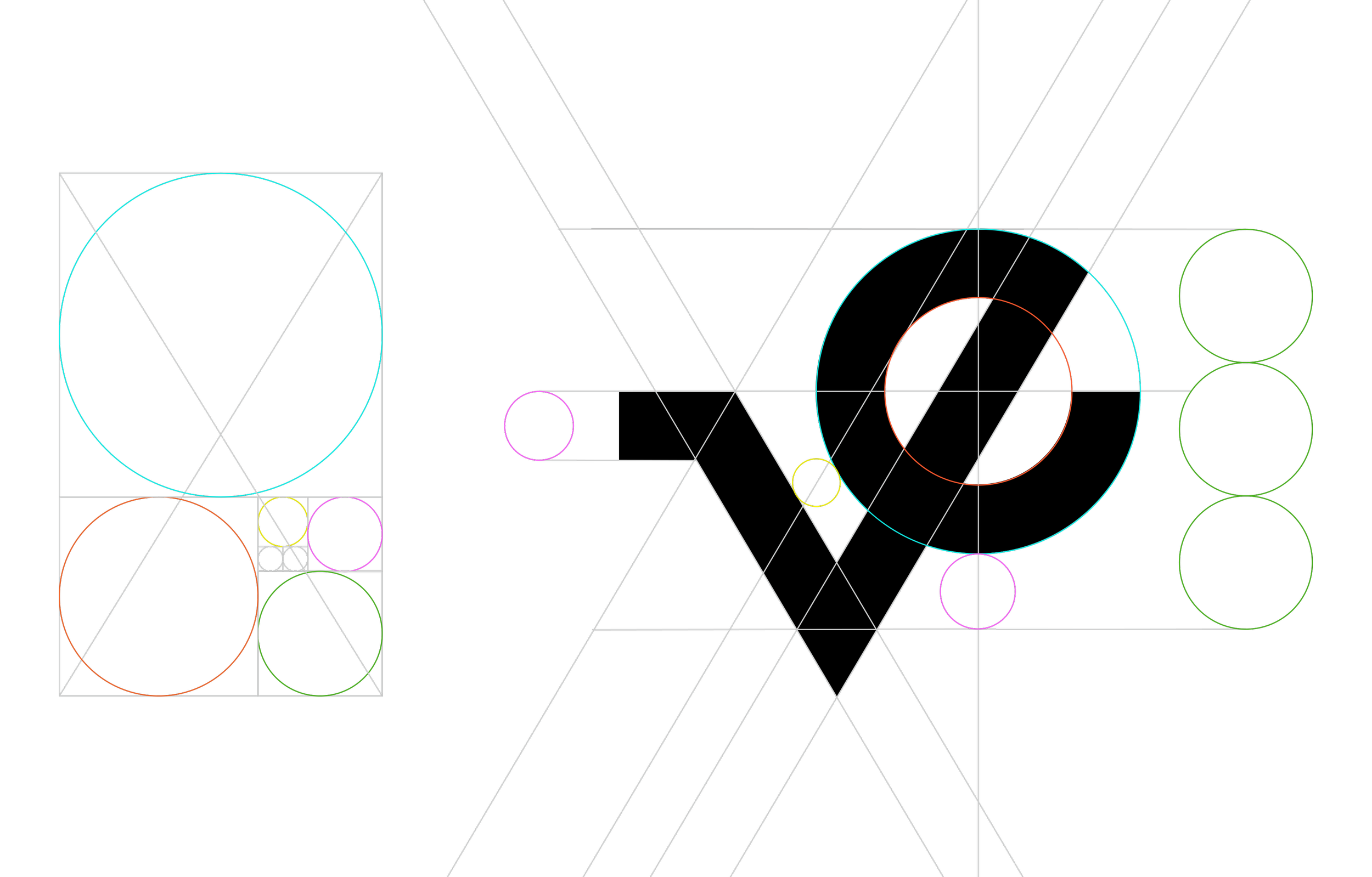 Geometric pattern with colorful circles and intersecting lines on a black background.