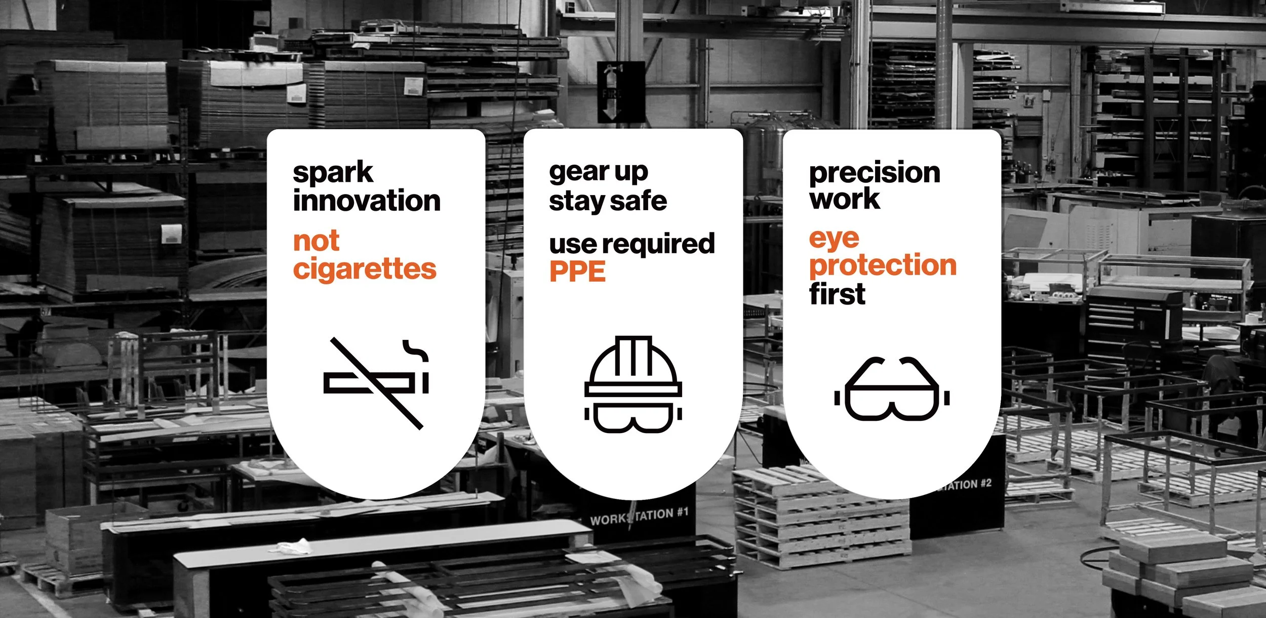Industrial warehouse with safety signage overlay: no cigarettes, wear PPE, eye protection first, along with icons indicating no smoking, helmet, and eye protection.