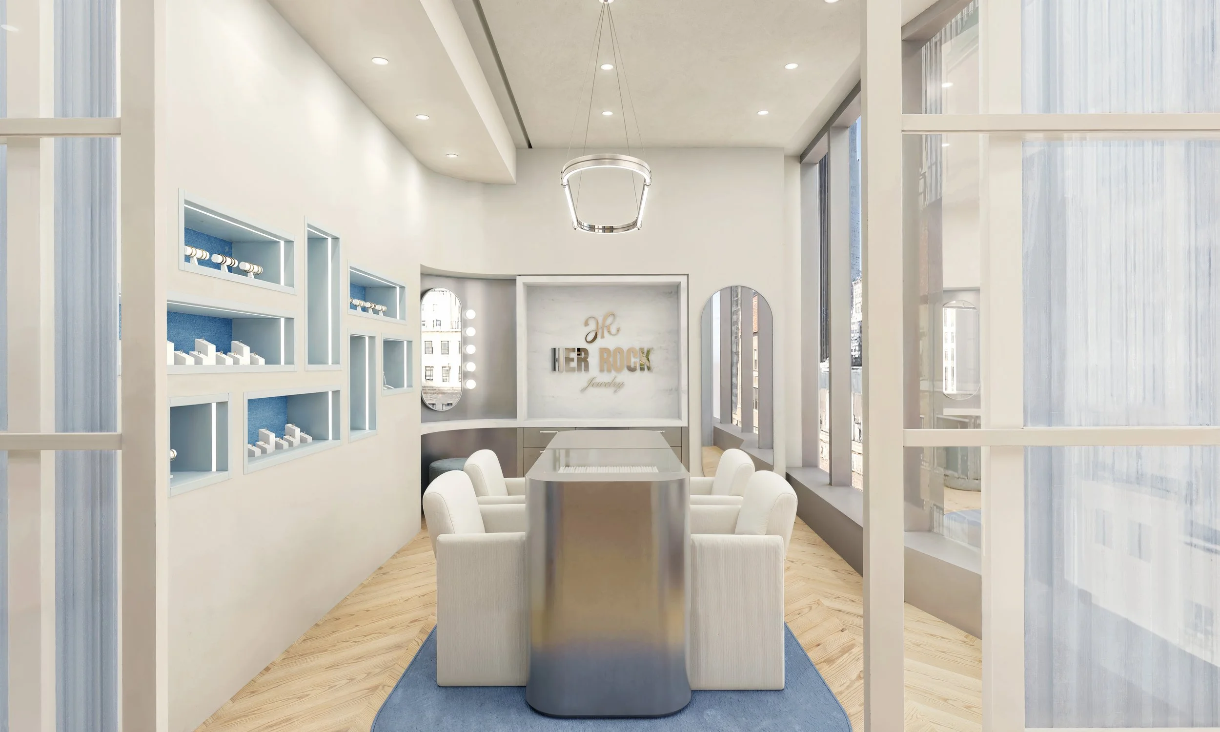 Modern jewelry store interior with white walls, light wood flooring, display shelves, a sign reading 'HER ROCK Jewelry', a rectangular table with six white chairs, large windows, and a high ceiling with contemporary lighting fixtures.