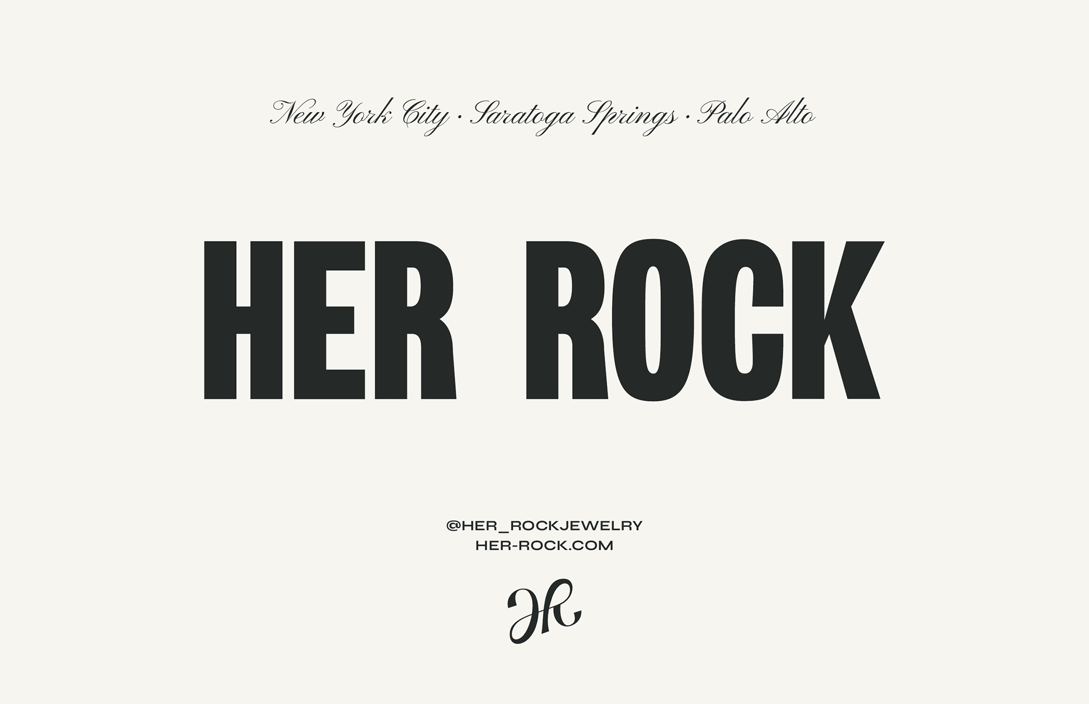 Image of a jewelry logo with the words Her Rock in bold black letters, with additional smaller text giving social media handle and website, and a decorative letter H.