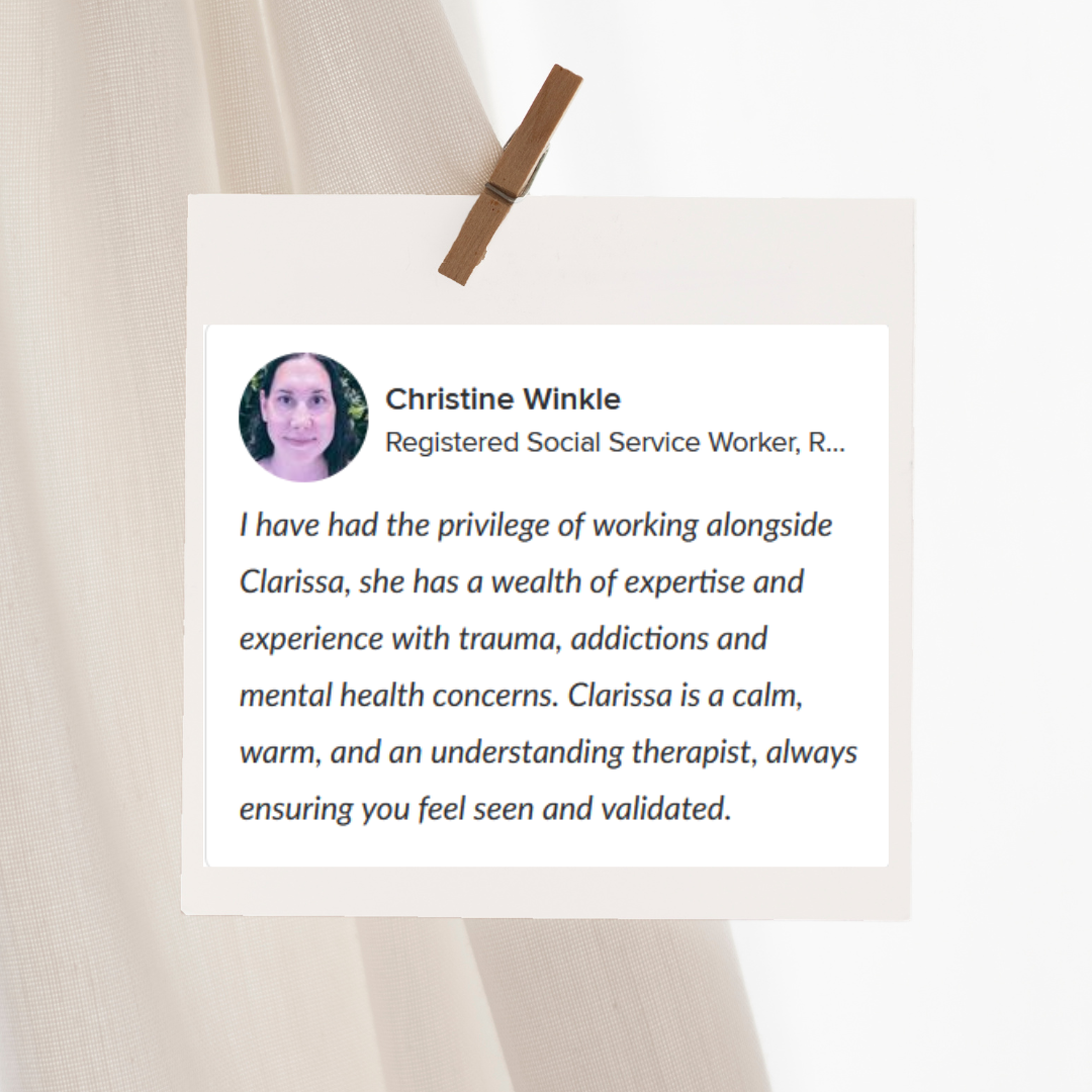 A social media profile excerpt for Christine Winkle, a registered social service worker, with a photo. The text describes her experience working alongside Clarissa, who specializes in trauma, addictions, and mental health, and highlights Clarissa's calm, warm demeanor and understanding as a therapist.