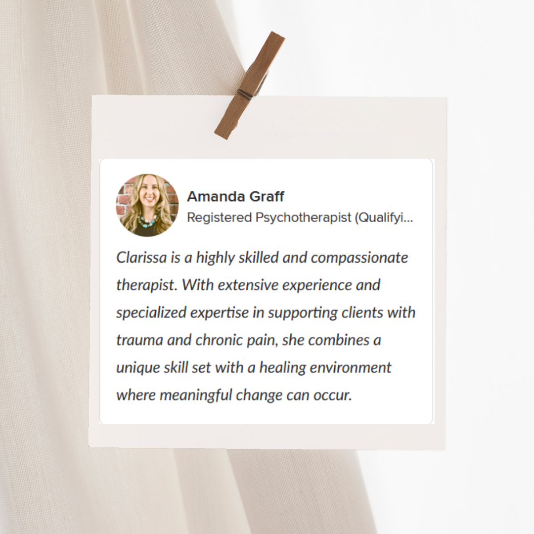 Close-up of a printed profile of Amanda Graff, a licensed psychotherapist. The text describes her experience working alongside Clarissa, who specializes in psychotherapy for trauma and chronic pain and highlight's Clarissa's expertise and skill. 