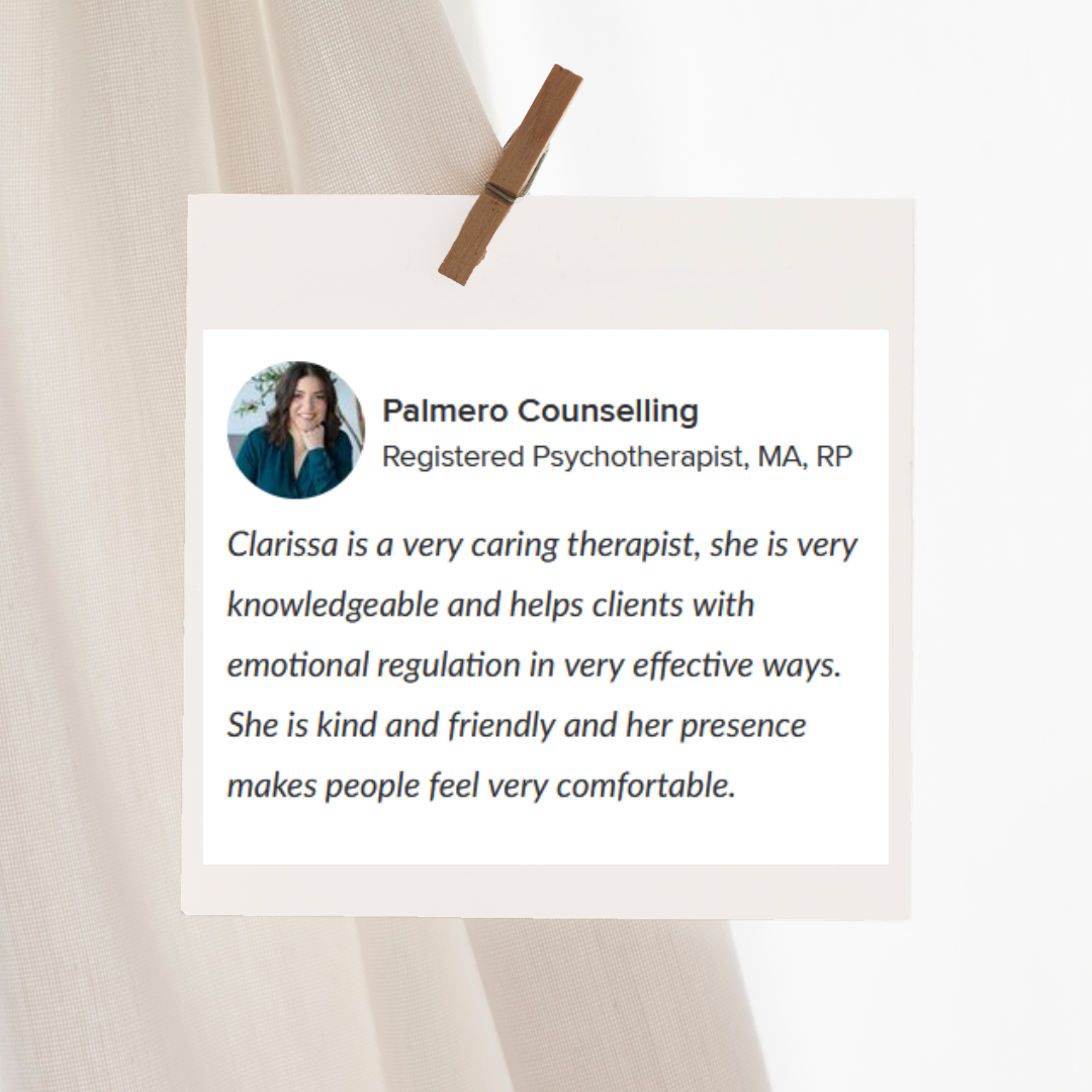 A review card for Palmero Counselling. The text describes her experience working with Clarissa James who is a caring and knowledgeable psychotherapist, noting her friendly presence that makes clients comfortable.