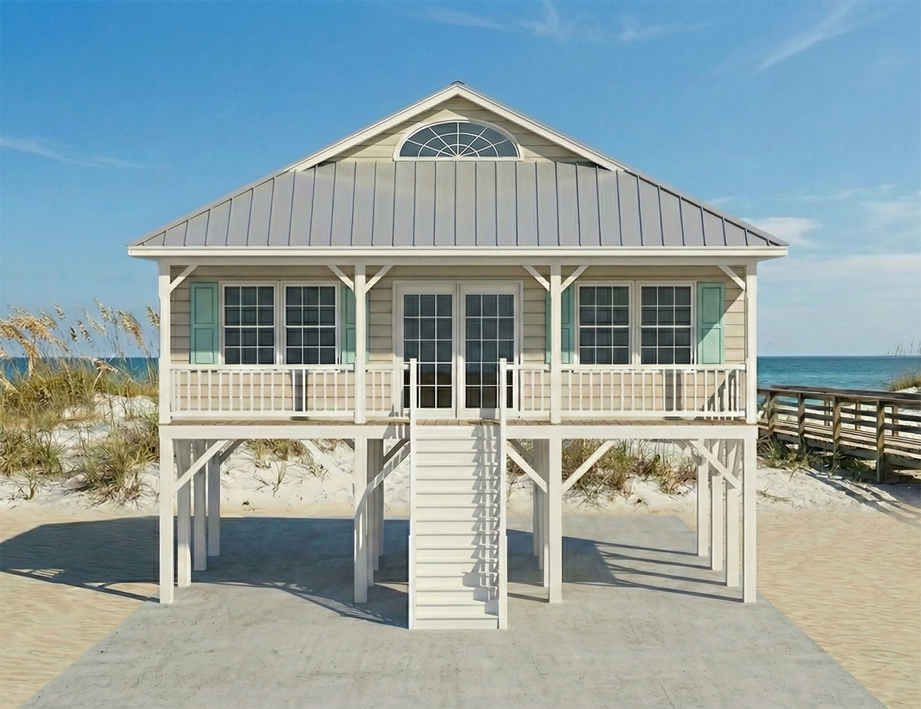 White beach house on stilts with a metal roof, large windows, and a staircase leading to the sandy beach, with ocean and sky in the background.