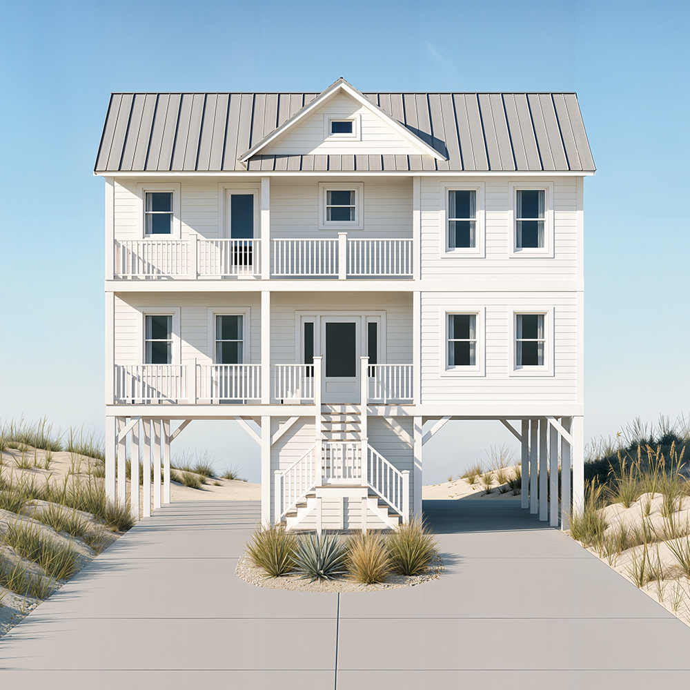 A three-story beach house painted in white with white trim, featuring multiple windows, balconies with white railings, a metal roof, stairs leading to the only front door, and sand dunes with grass underneath.