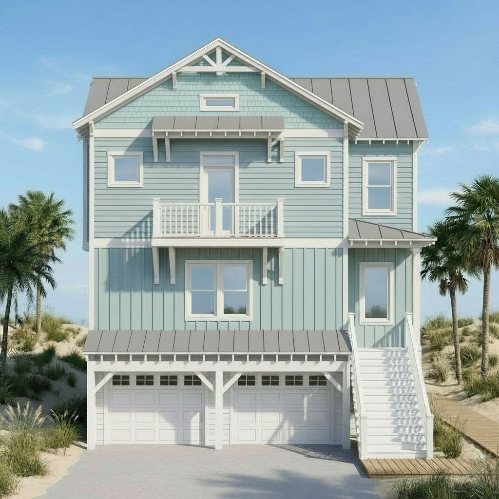 A three-story beach house painted in light blue with white trim, featuring a garage at the bottom, external stairs on the right, and small balconies, surrounded by sand dunes and palm trees under a clear blue sky.