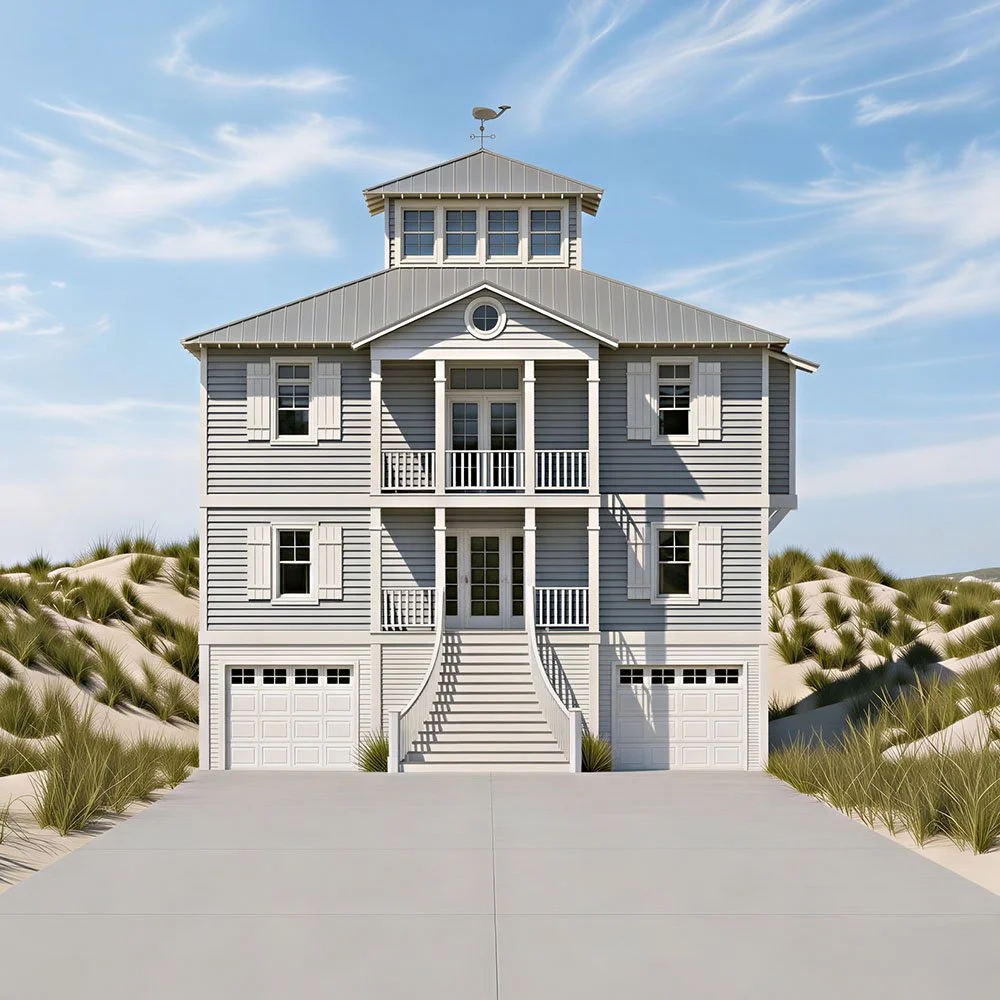Coastal house with light gray siding, white shutters, stairs, and garage, surrounded by sand dunes and grass under a blue sky.