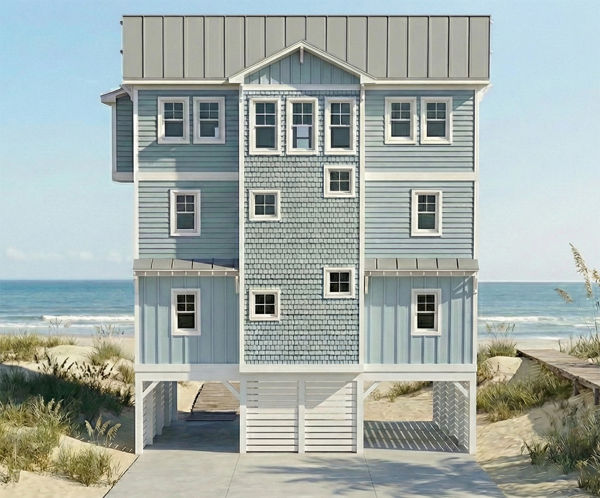 A beach house on stilts with blue siding and gray shingles, facing the ocean with sand dunes and a wooden walkway.