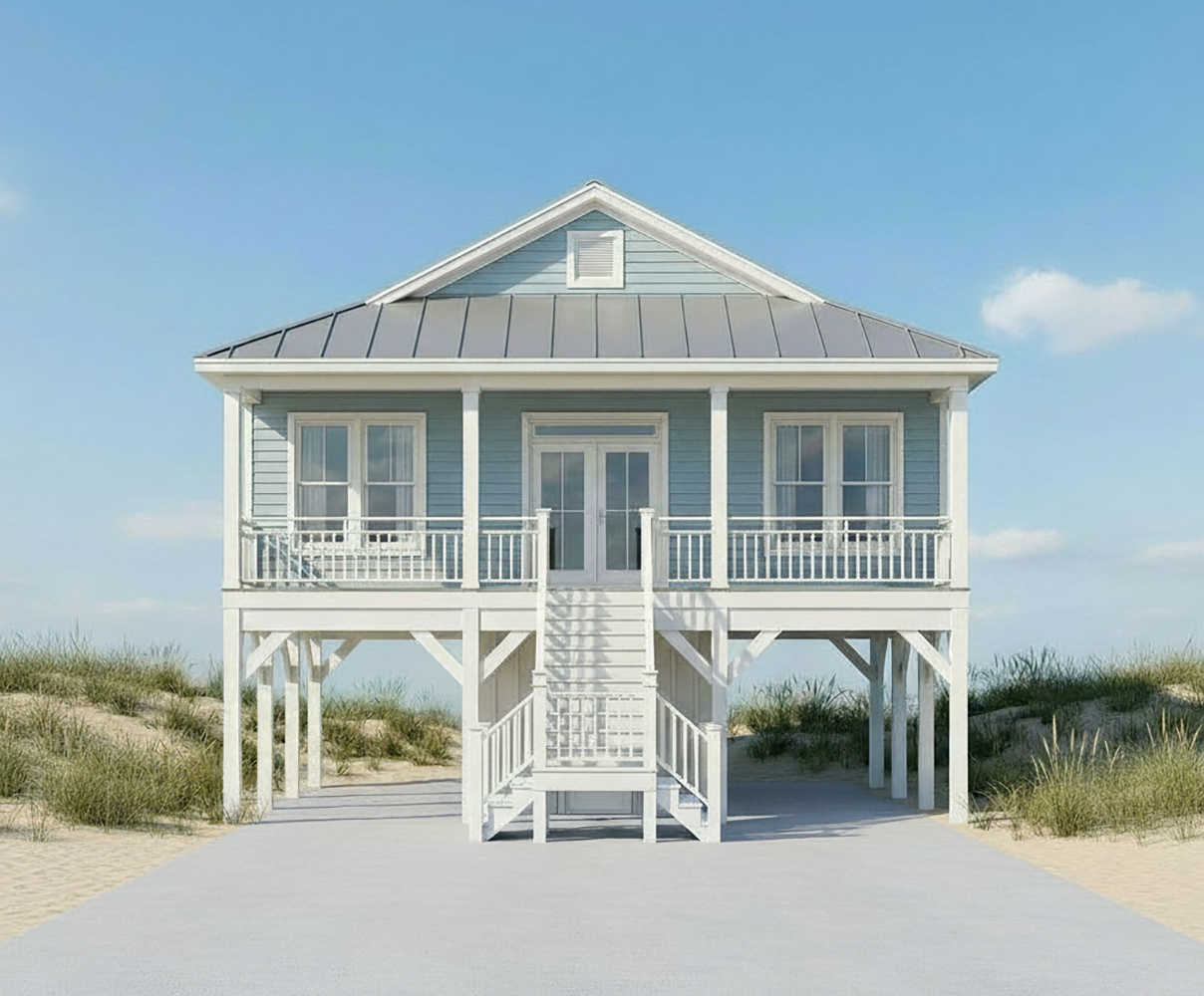 A beach house on stilts with a light blue exterior, white trim, and a metal roof, surrounded by sand and grass under a clear blue sky.