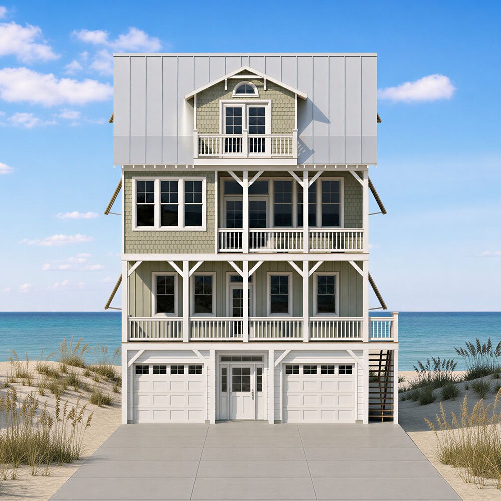 Multi-story beach house with a garage, sand dunes, and ocean in the background under a clear blue sky.