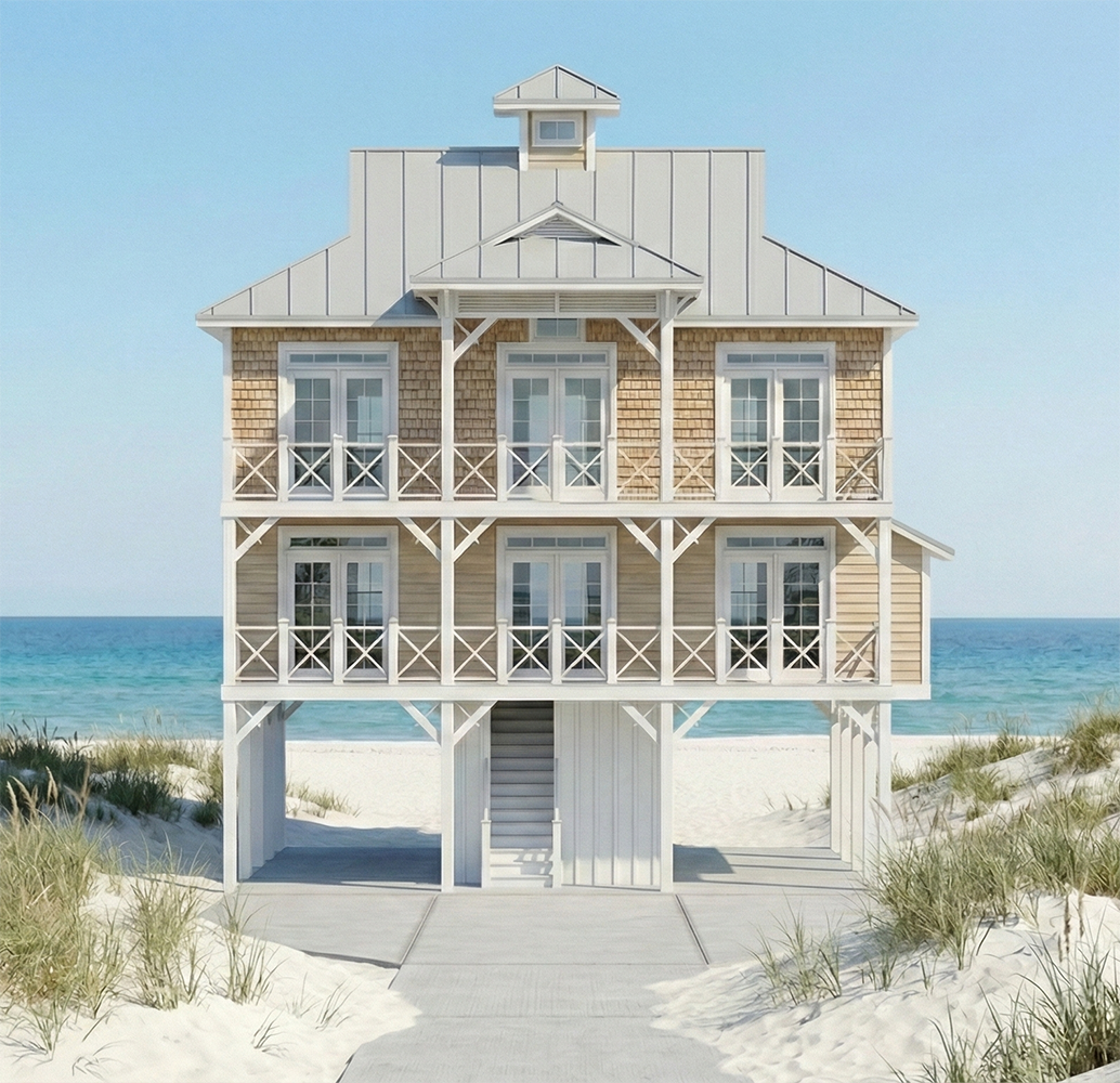 A three-story beach house with wooden siding, balconies on each level with white railings, and stairs leading up to the entrance, situated on sandy dunes with grass, overlooking the ocean under a clear blue sky.
