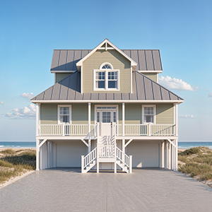 Two-story house with stairs leading to a front door, windows, a covered porch, and exterior siding and shingles.