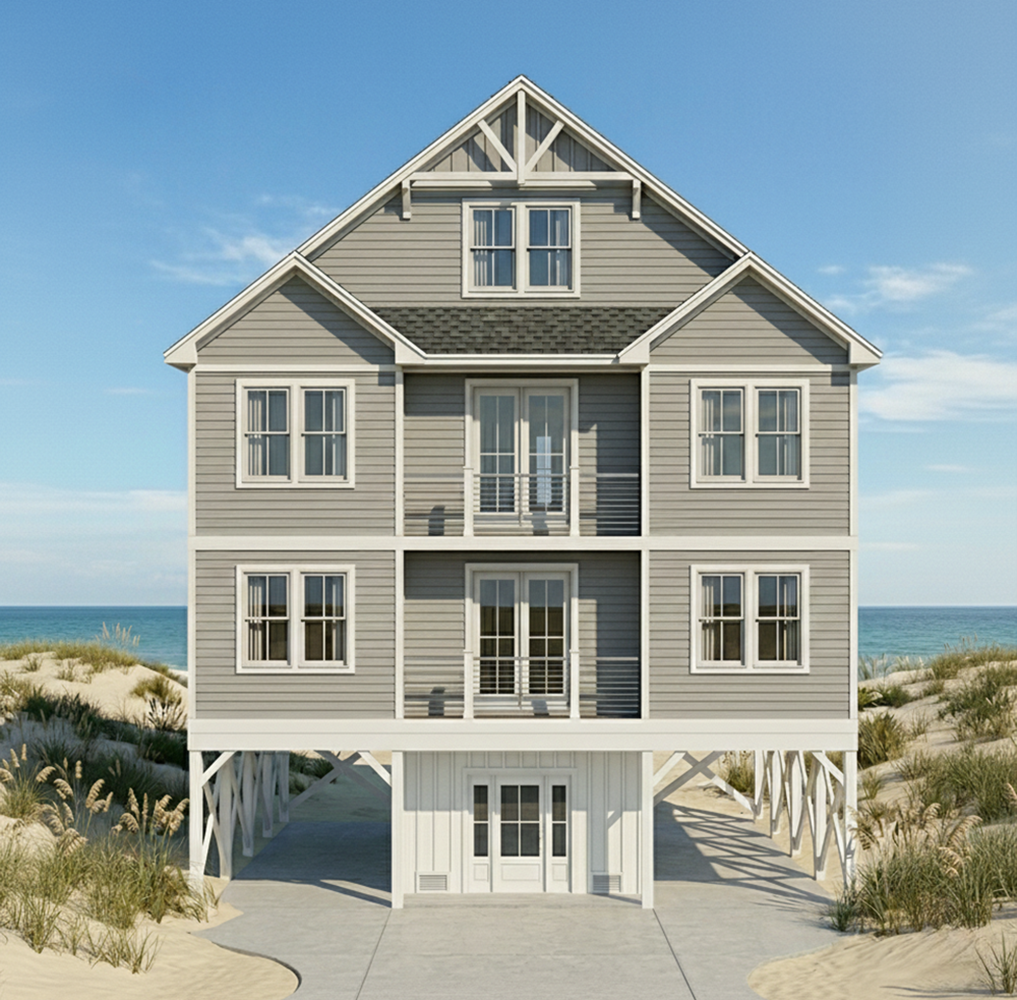 Multi-story beach house on stilts with a gray exterior, white trim, and multiple windows, located on sandy terrain near the ocean.