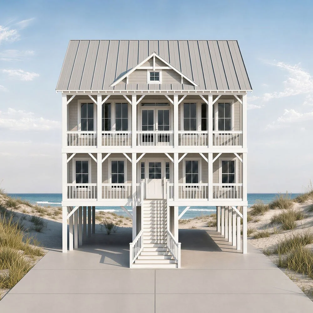A three-story beach house with a staircase leading to the entrance, situated on sandy dunes with sparse vegetation under a blue sky with clouds.