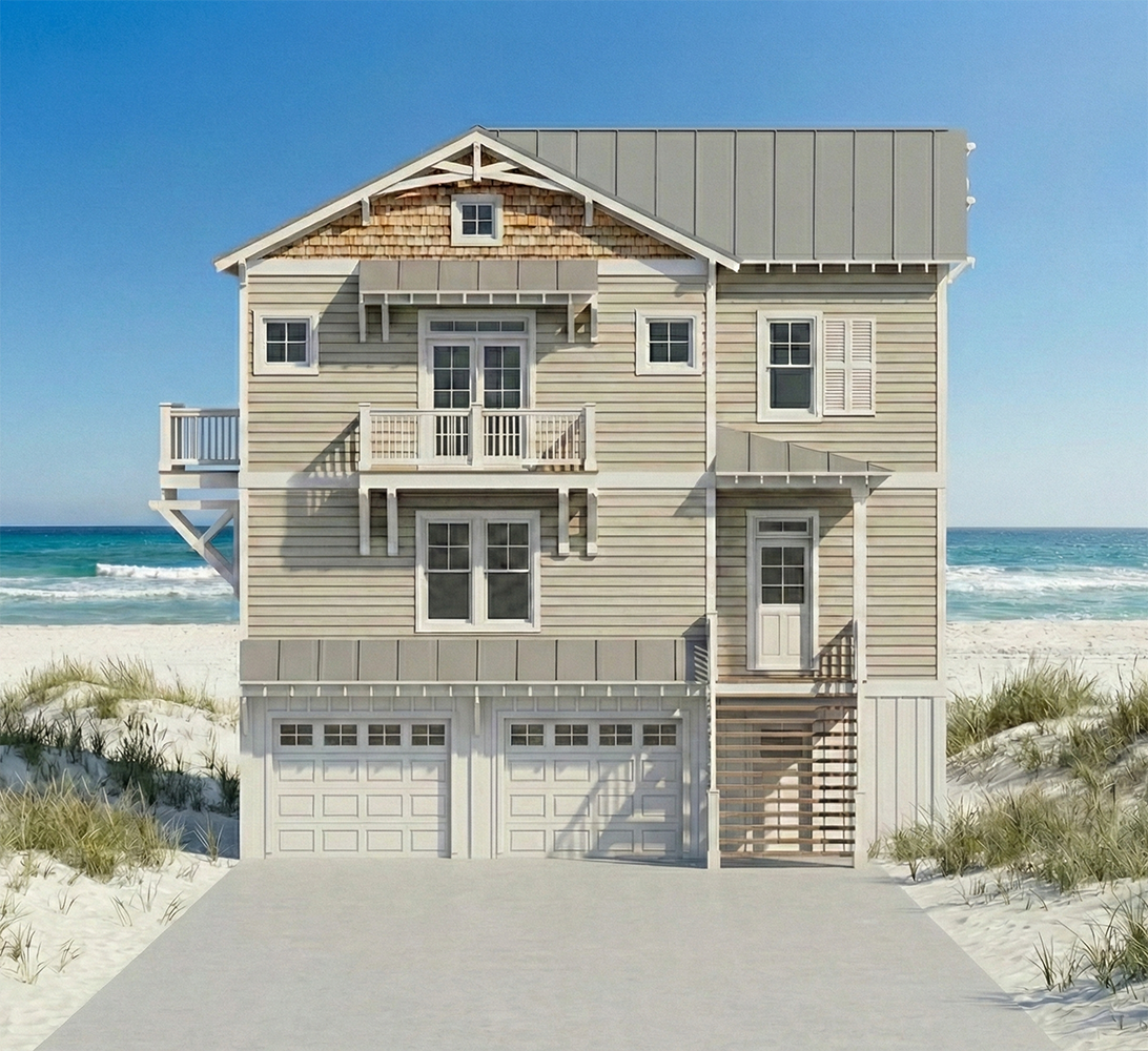 Beach house with multiple levels, balconies, beige siding, and a gray metal roof, situated on sandy dunes near the ocean.