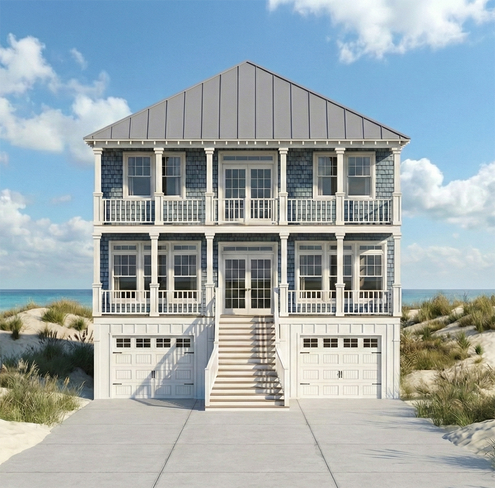 A large, three-story beach house with a metal roof, blue shingle siding, and multiple balconies with white railings. The house has two garages at ground level, a central staircase leading to the front door, and is surrounded by sand dunes with grass.
