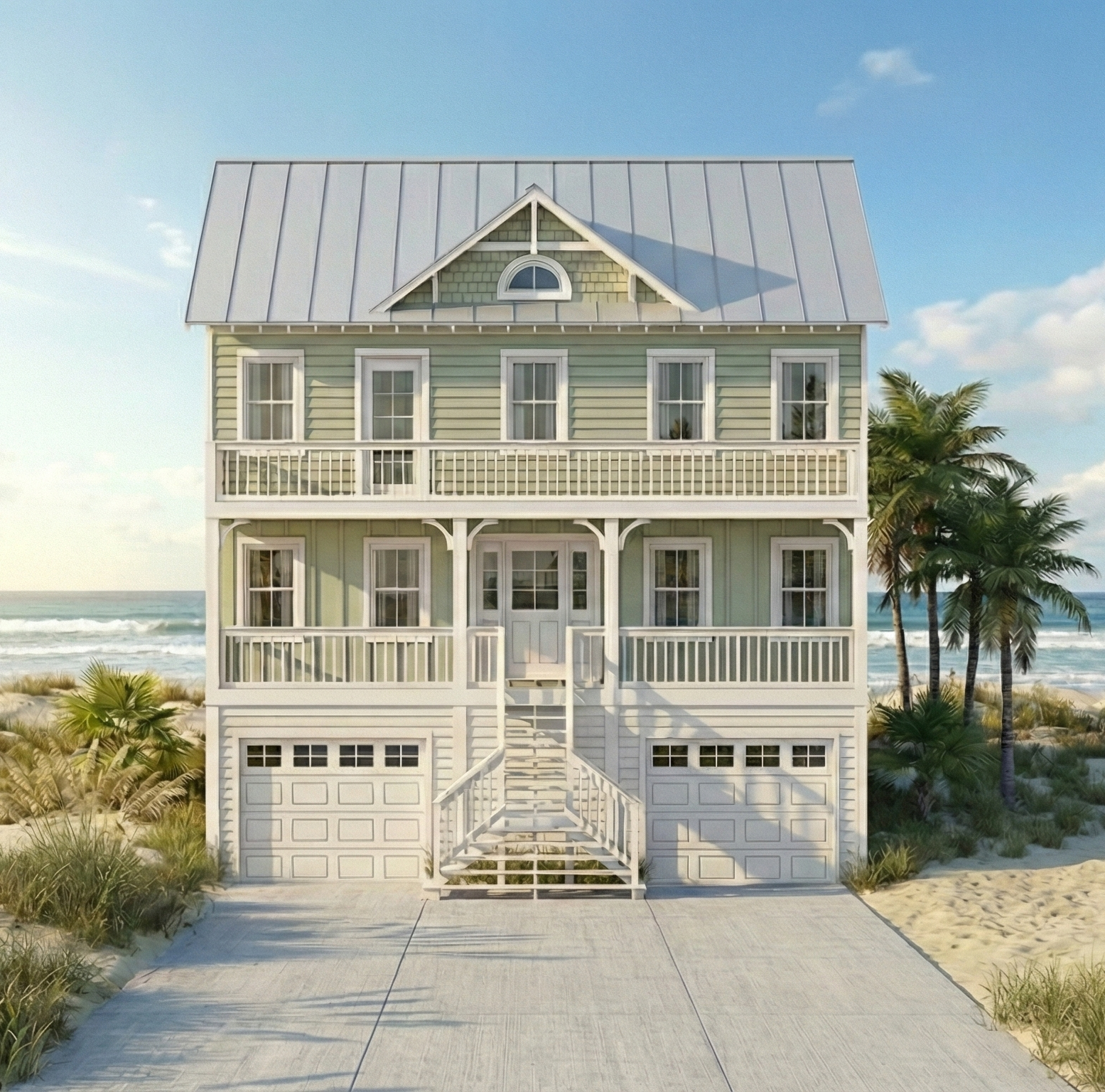  A three-story beach house painted light green with white trim, featuring a metal roof, multiple windows, and a front staircase leading to a door, surrounded by palm trees and sand, with ocean waves in the background.