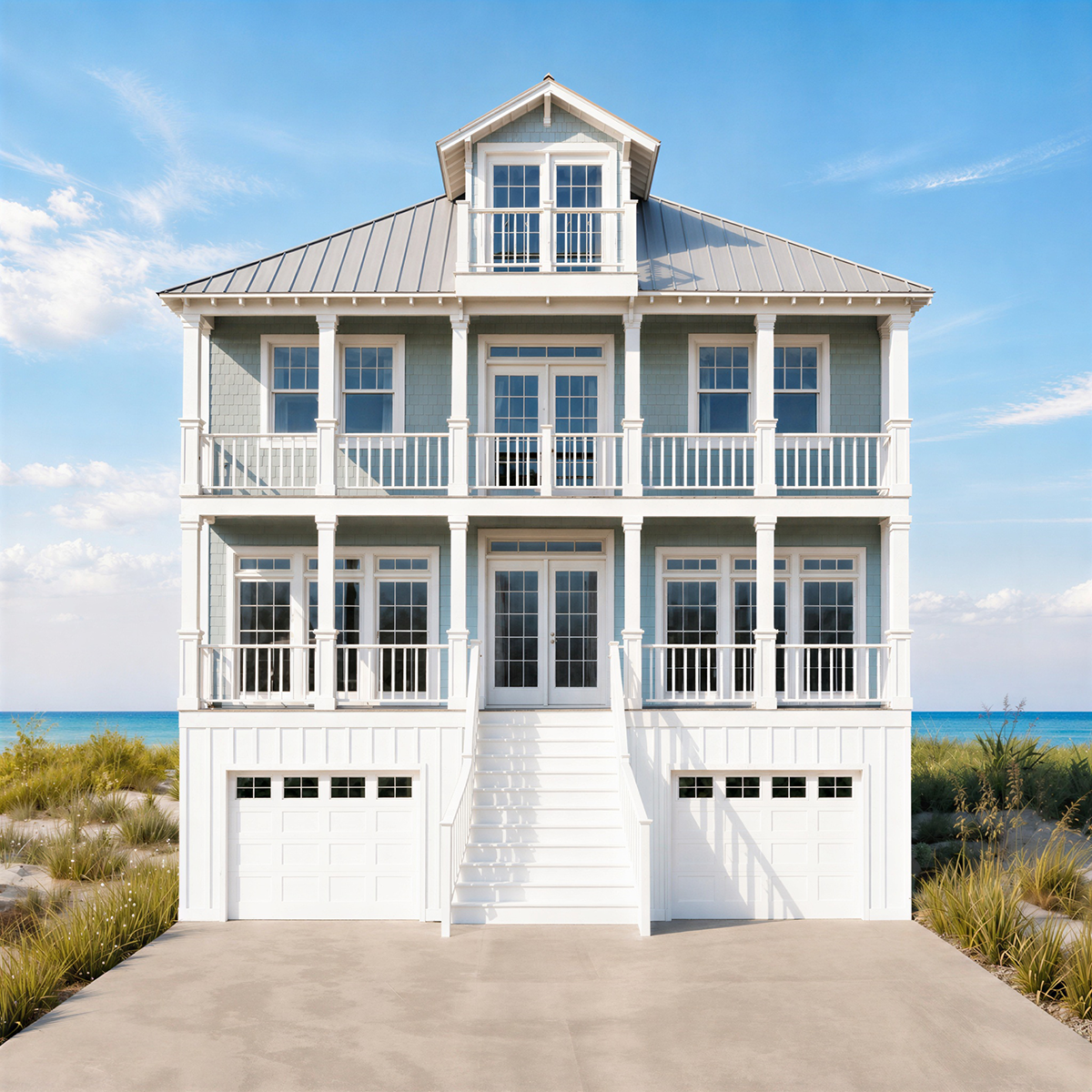 A three-story beach house with white exterior, multiple large windows, balconies, and stairways leading to the second floor, set against a coastal background with blue sky and ocean.