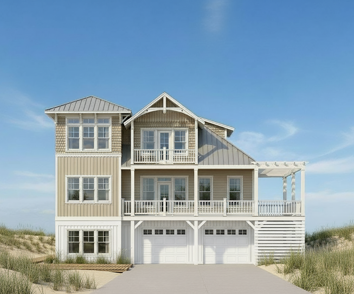 Beach house with three stories, multiple balconies, and a two-car garage, surrounded by sand dunes and grass under a clear blue sky.