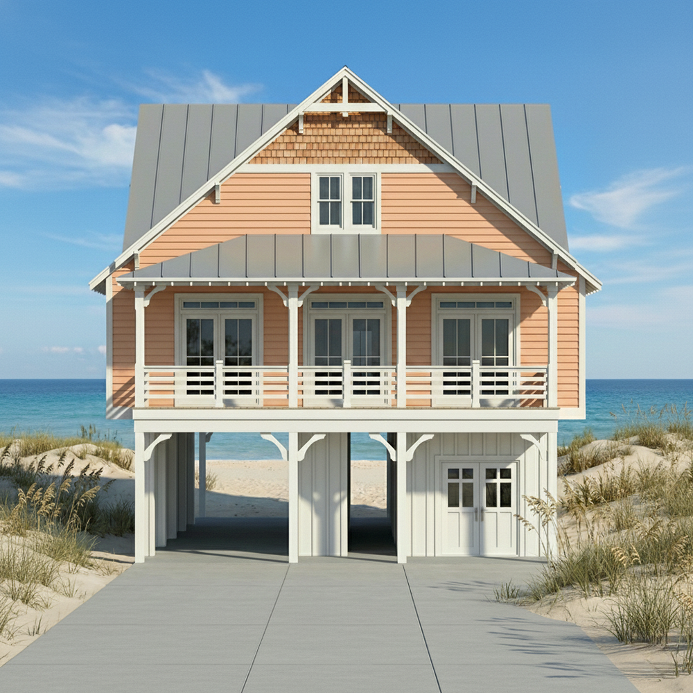 A beach house with pink exterior, white trim, and a gray metal roof, situated on sandy dunes near the ocean.