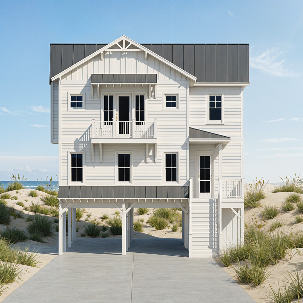 A white coastal house elevated on stilts with a gray roof, surrounded by sandy dunes and beach grass, under a blue sky.