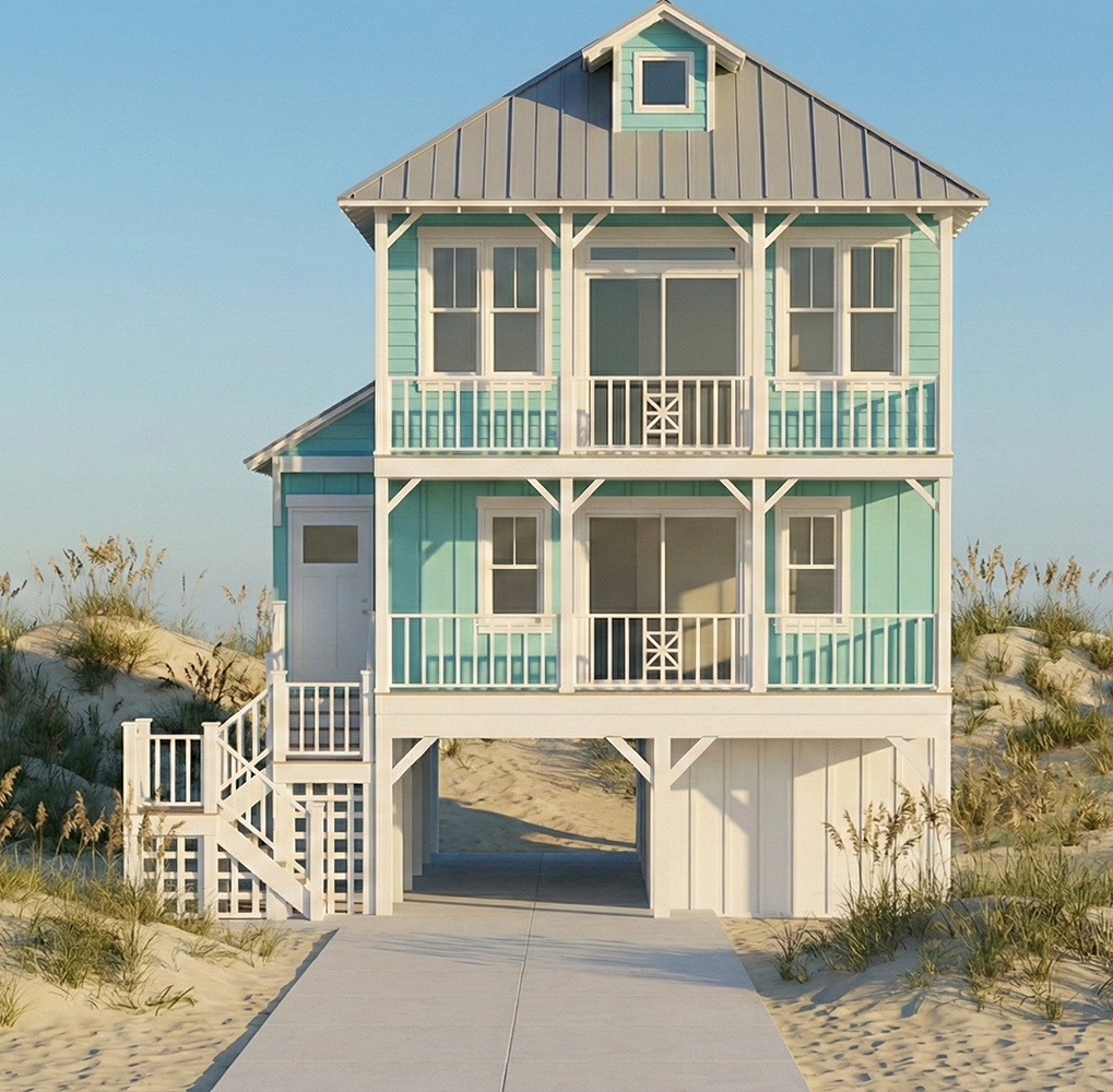 A three-story beach house with turquoise siding, white trim, metal roof, and a small front porch situated on sandy dunes with beach grass.
