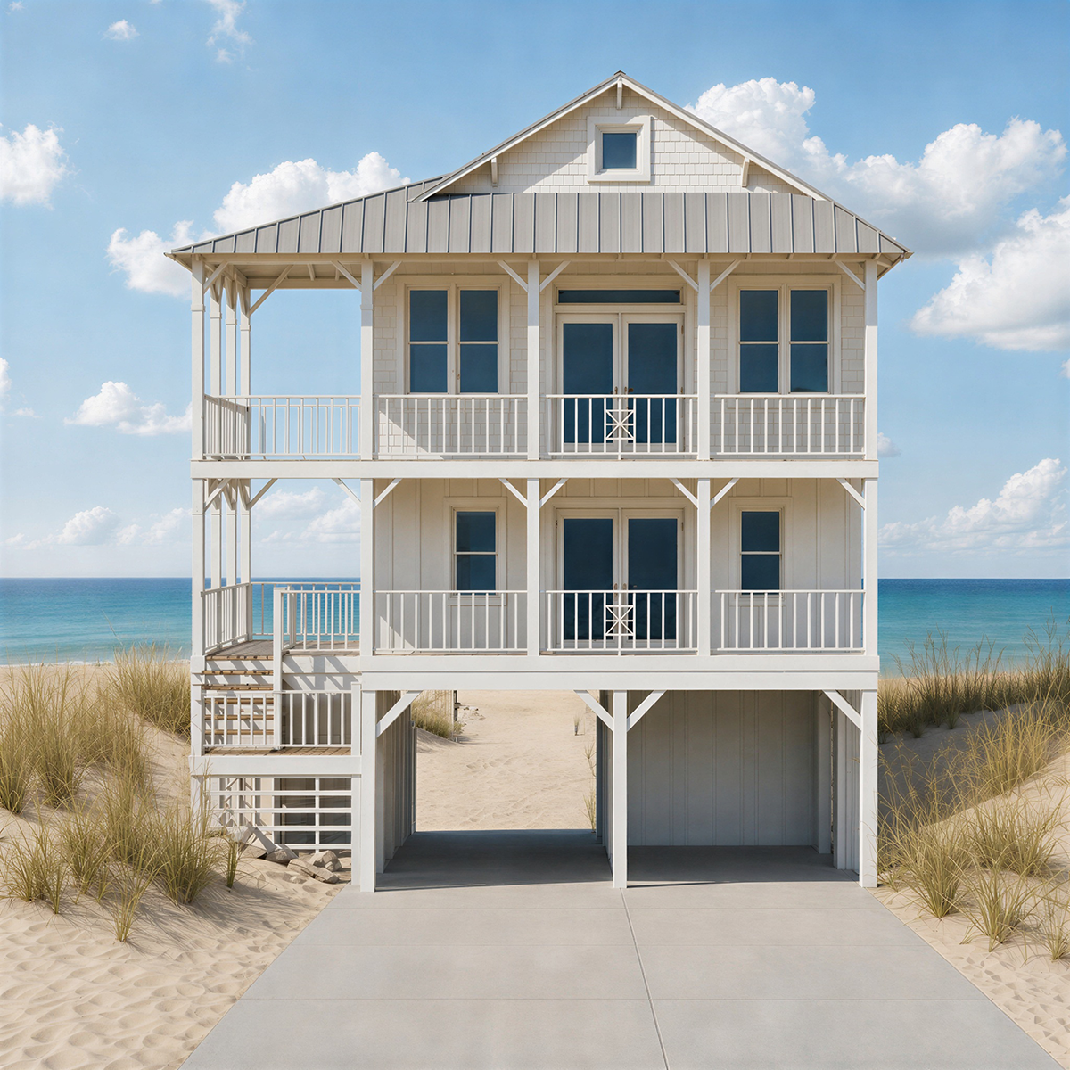 A three-story beach house on stilts with white exterior, balconies, and stairs, overlooking the ocean and sand dunes with grassy patches.
