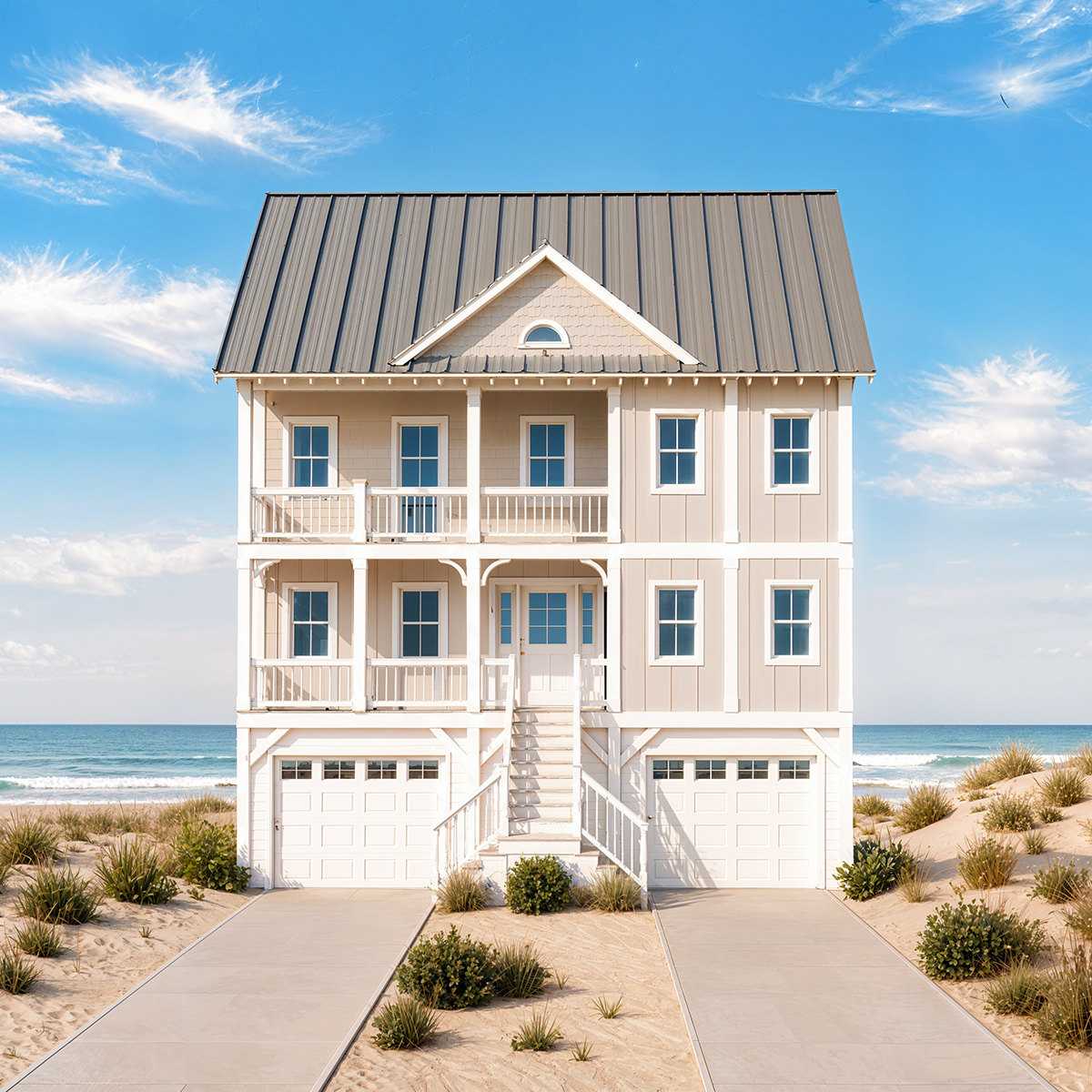 A beach house with two stories, white exterior, and a gray metal roof, situated on sandy dunes with beach grass, overlooking the ocean under a partly cloudy sky.