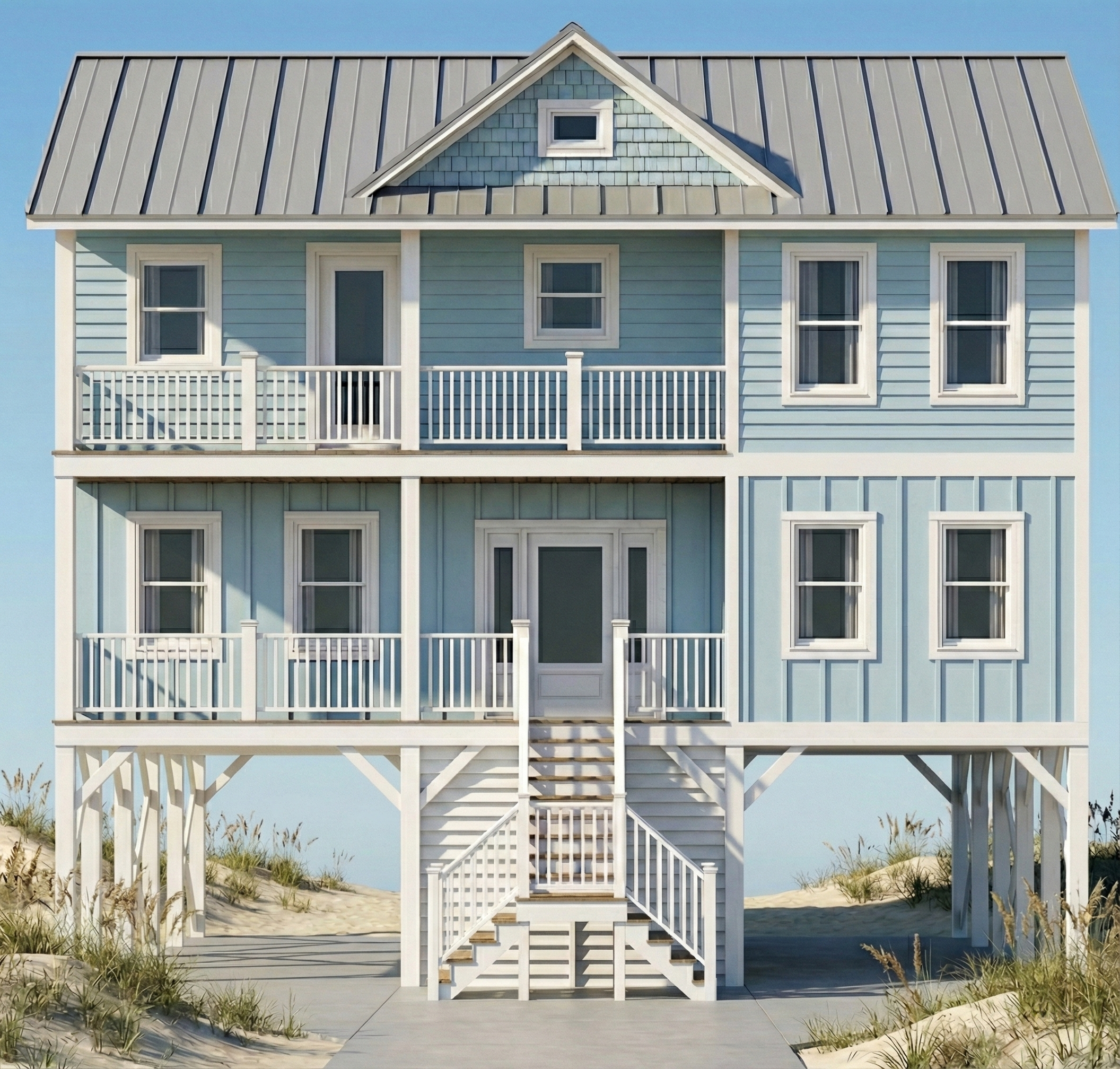 A three-story beach house painted in light blue with white trim, featuring multiple windows, balconies with white railings, a metal roof, stairs leading to the only front door, and sand dunes with grass underneath.