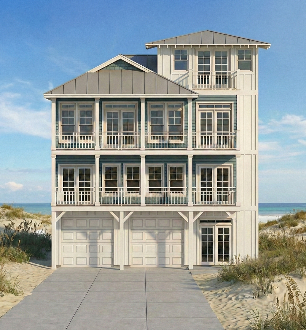 A three-story beach house with blue and white exterior, multiple large windows and balconies, situated on a sandy beach with dunes and grass, with the ocean in the background under a clear blue sky.