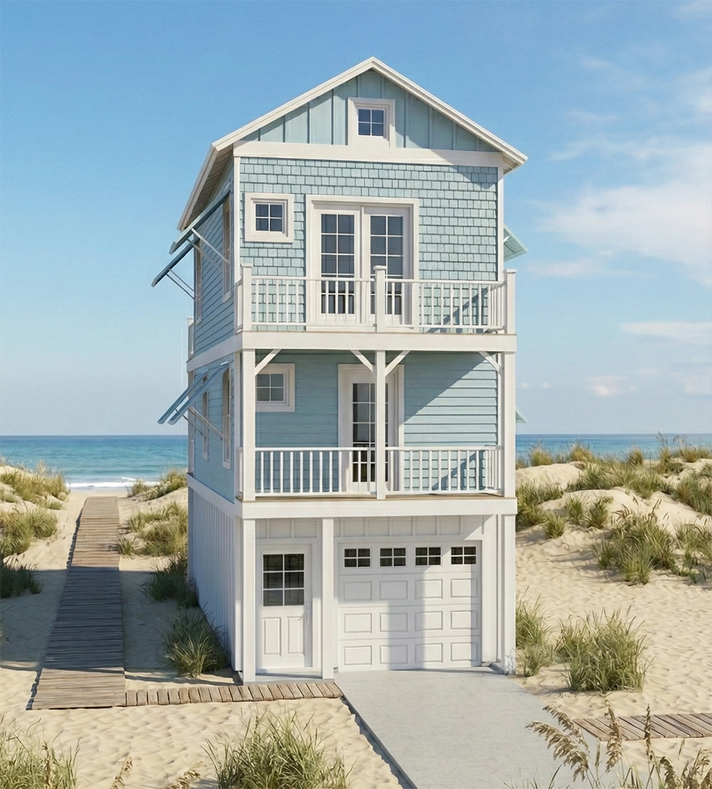 A three-story beach house painted in light blue and white, situated on sandy dunes near the ocean, with a wooden walkway leading to it and clear blue sky above.