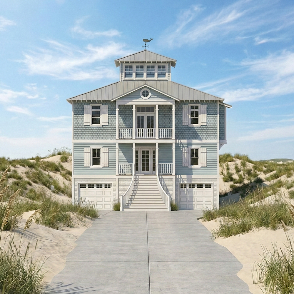 Coastal house with blue siding, white shutters, stairs, and garage, surrounded by sand dunes and grass under a blue sky.