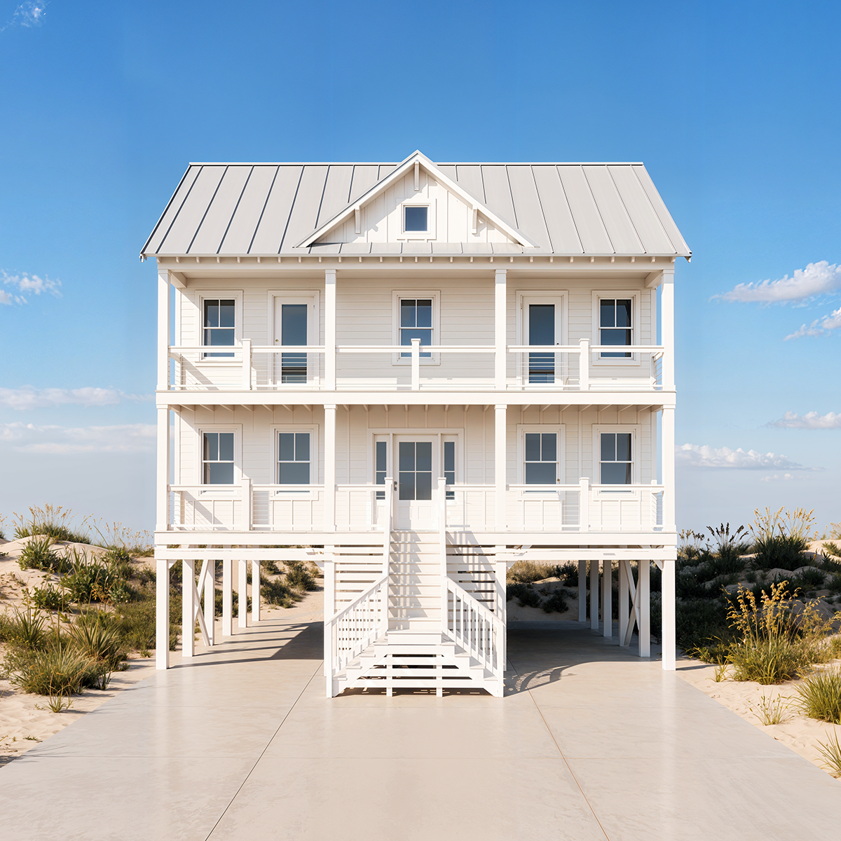 White beach house with two stories, front stairs, surrounded by sand and beach plants, under a clear blue sky.