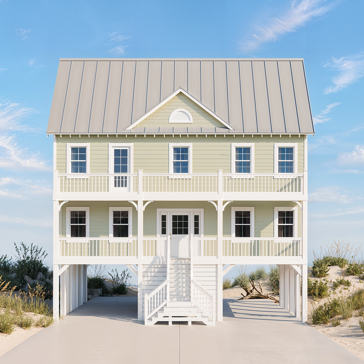 A three-story beach house with a light green exterior, white railings, and stairs leading up to the front door, set against a blue sky with a few clouds and sandy surroundings with plants.