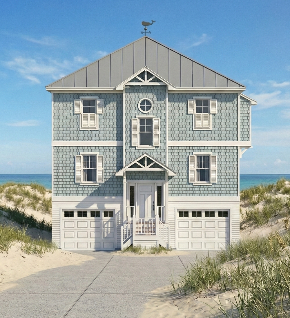 Beach house with blue shingles, white trim, and a whale weather vane on top, located on sandy dunes by the ocean under a blue sky.