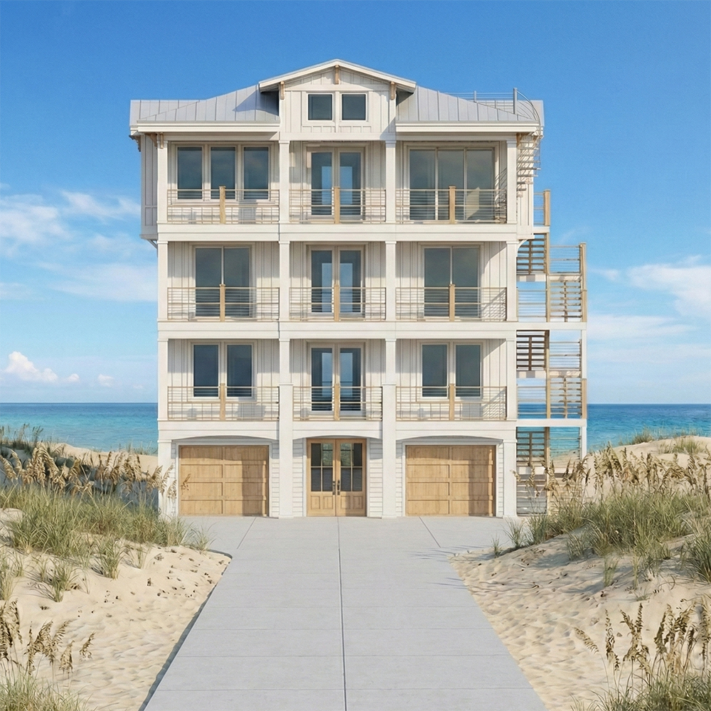 A modern beach house with four levels, including garages on the ground floor, sand dunes with grass on either side, and the ocean in the background under a blue sky.
