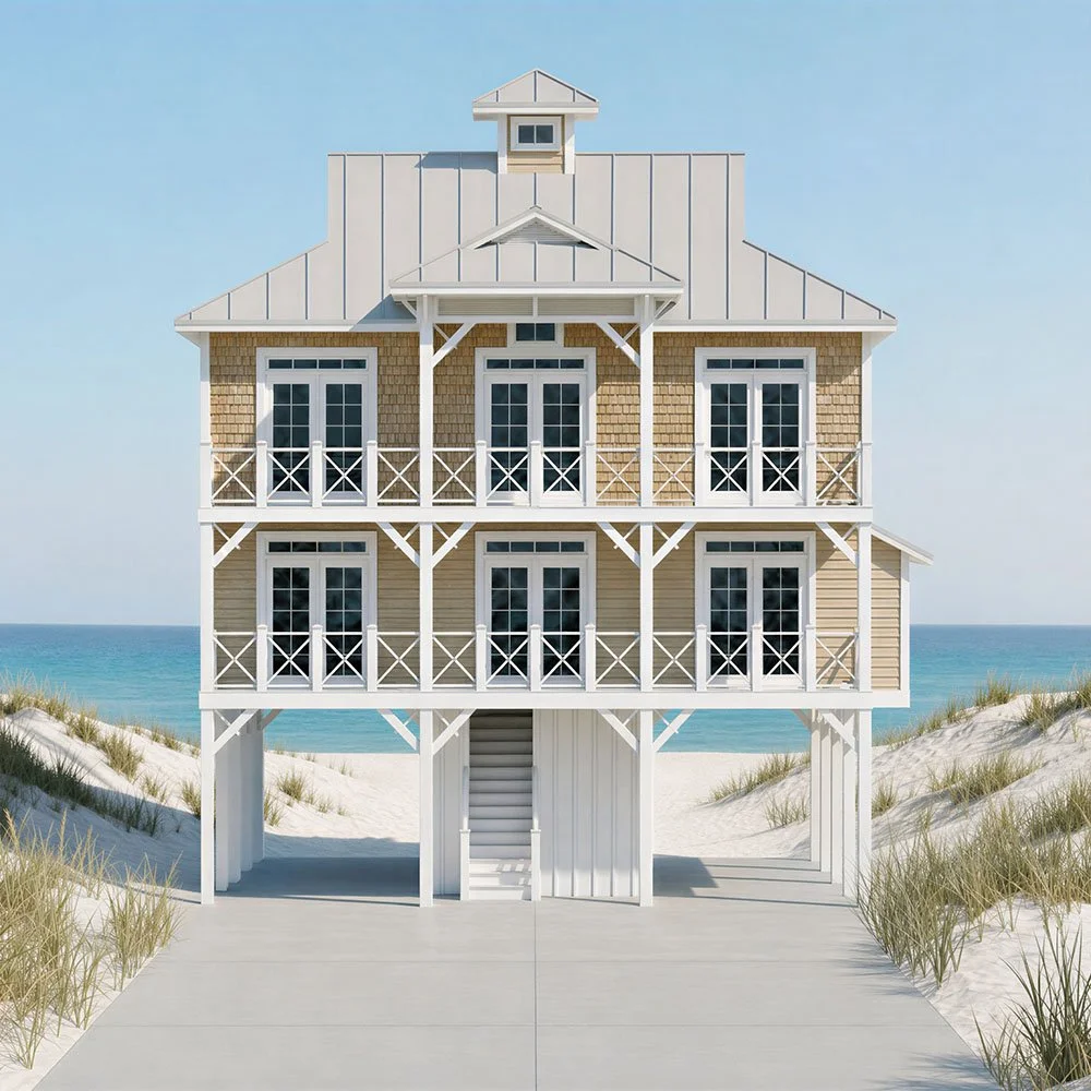 A three-story beach house with wooden siding, balconies on each level with white railings, and stairs leading up to the entrance, situated on sandy dunes with grass, overlooking the ocean under a clear blue sky.