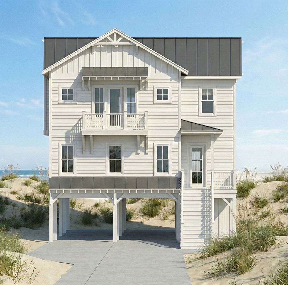 A white coastal house elevated on stilts with a gray roof, surrounded by sandy dunes and beach grass, under a blue sky.