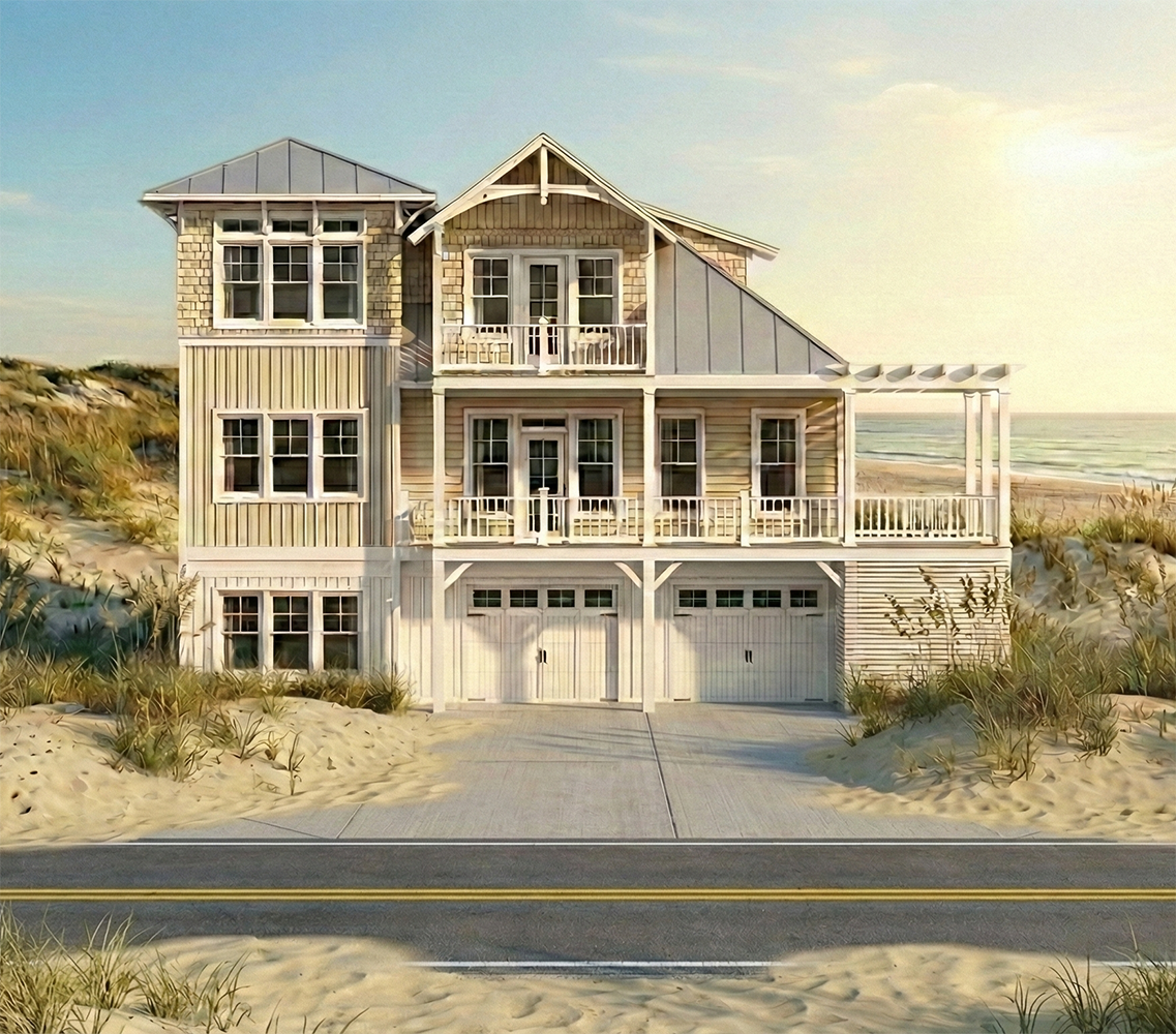 A large beach house on sand dunes overlooking the ocean, with multiple decks and a garage, under a clear sky.