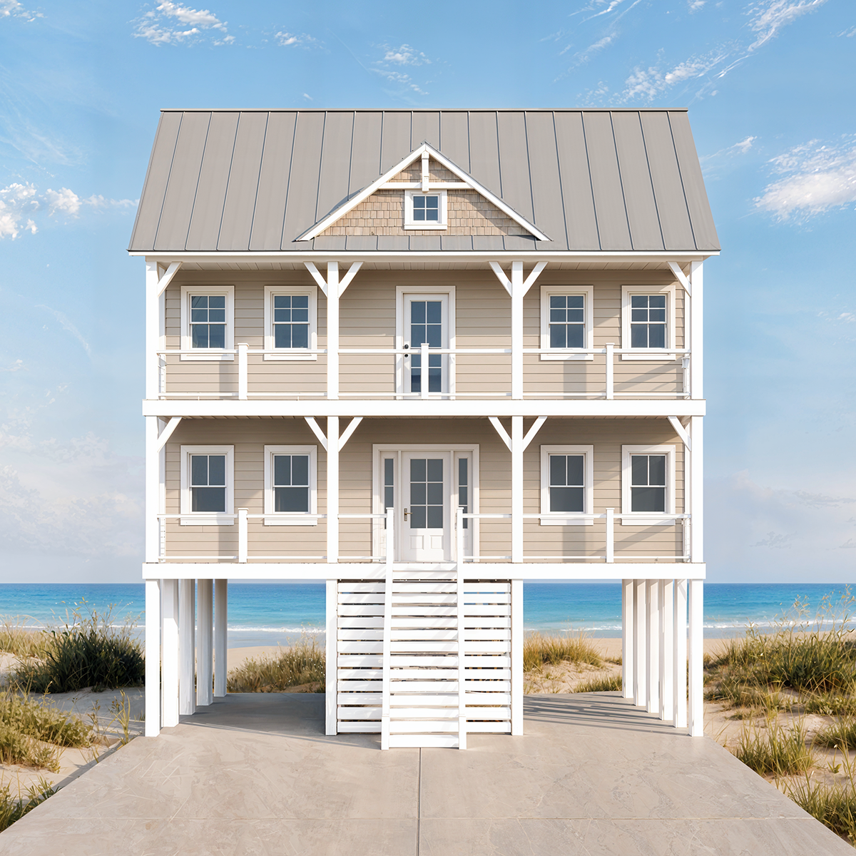 Beach house elevated on stilts with stairs leading to front door, overlooking the ocean with sandy shore and grass in the background, clear blue sky.