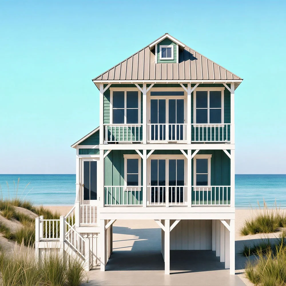 A three-story beach house with turquoise siding, white trim, metal roof, and a small front porch situated on sandy dunes with beach grass.