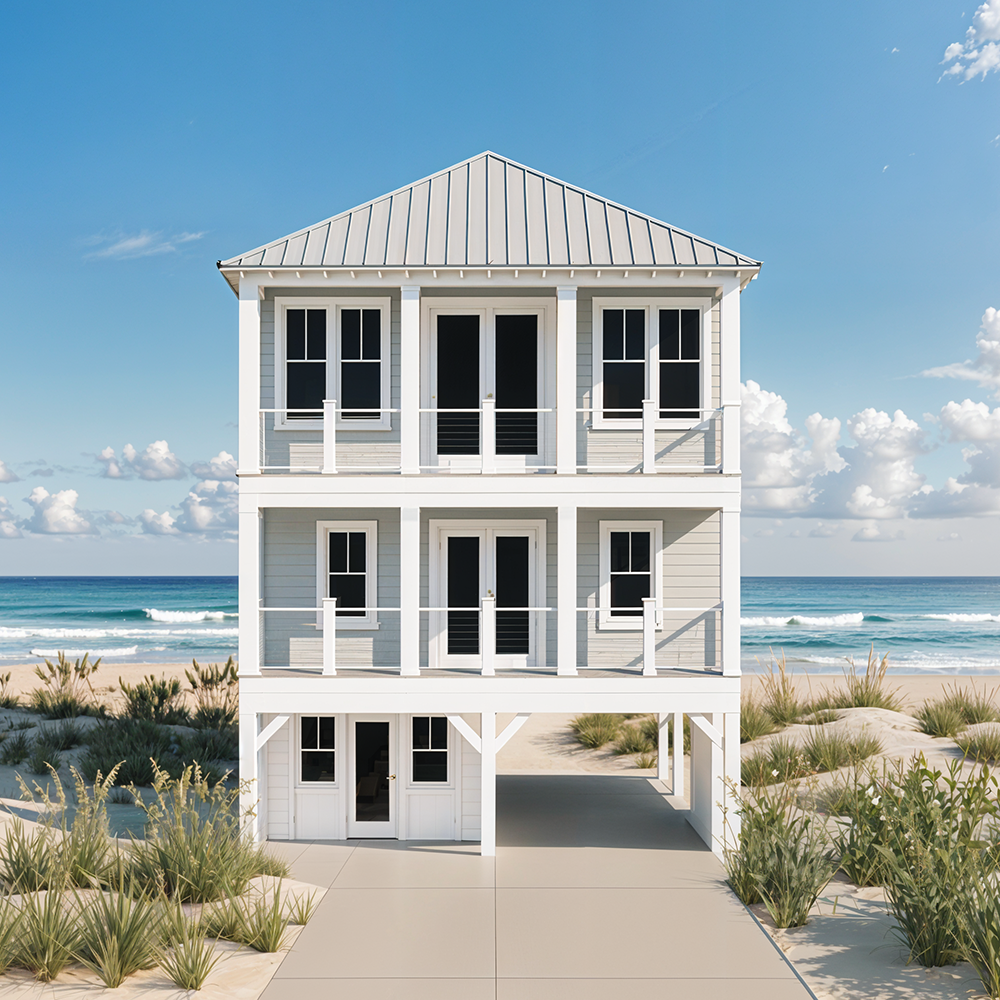 Light gray beach house with three levels, large windows, and balconies, overlooking the ocean on a sandy beach with grass and dunes.