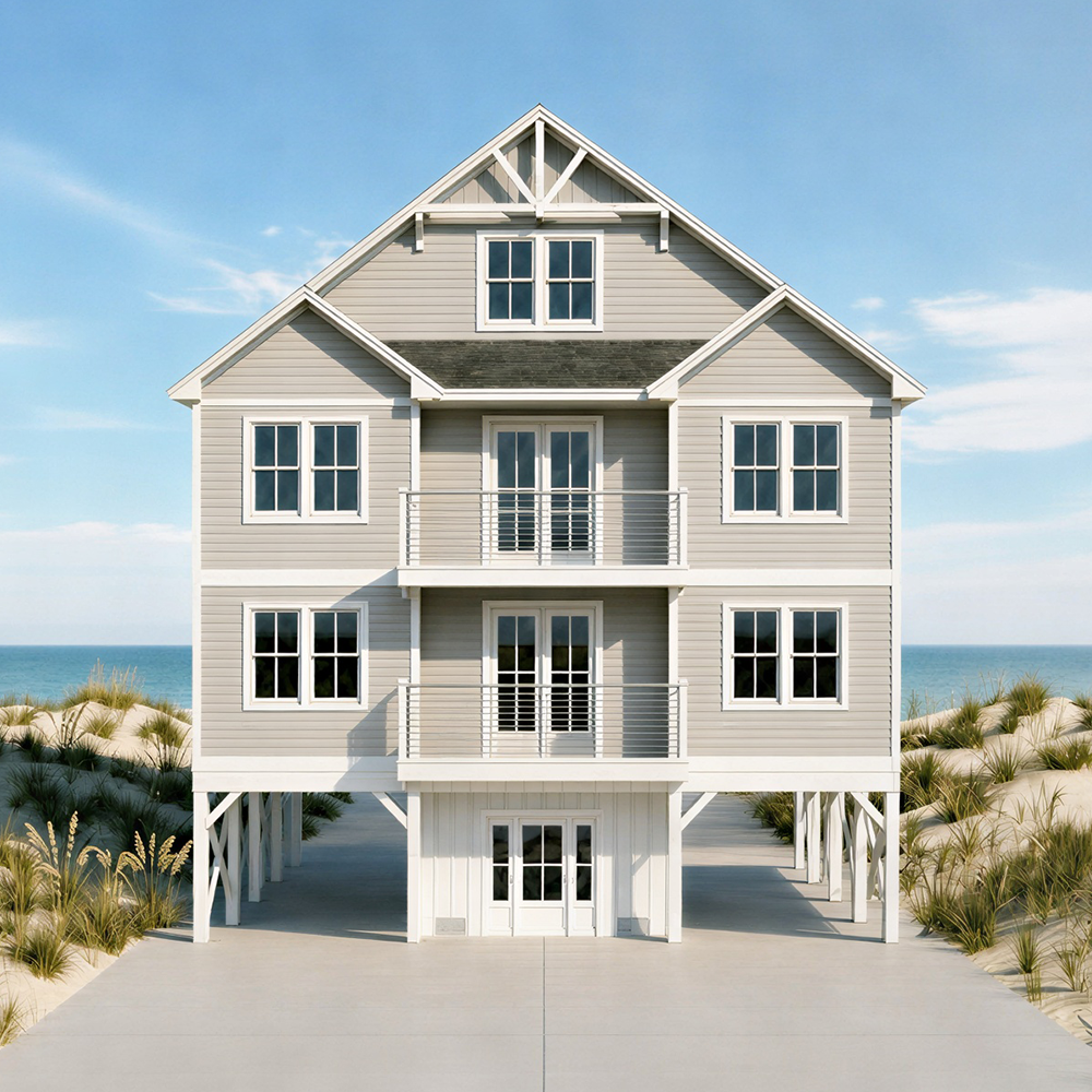 A multi-story beach house stands on sturdy stilts, featuring a light greige (a blend of grey and beige) exterior with crisp white trim and numerous windows. Set atop sandy terrain, it sits just steps from the ocean, blending seamlessly with its coast