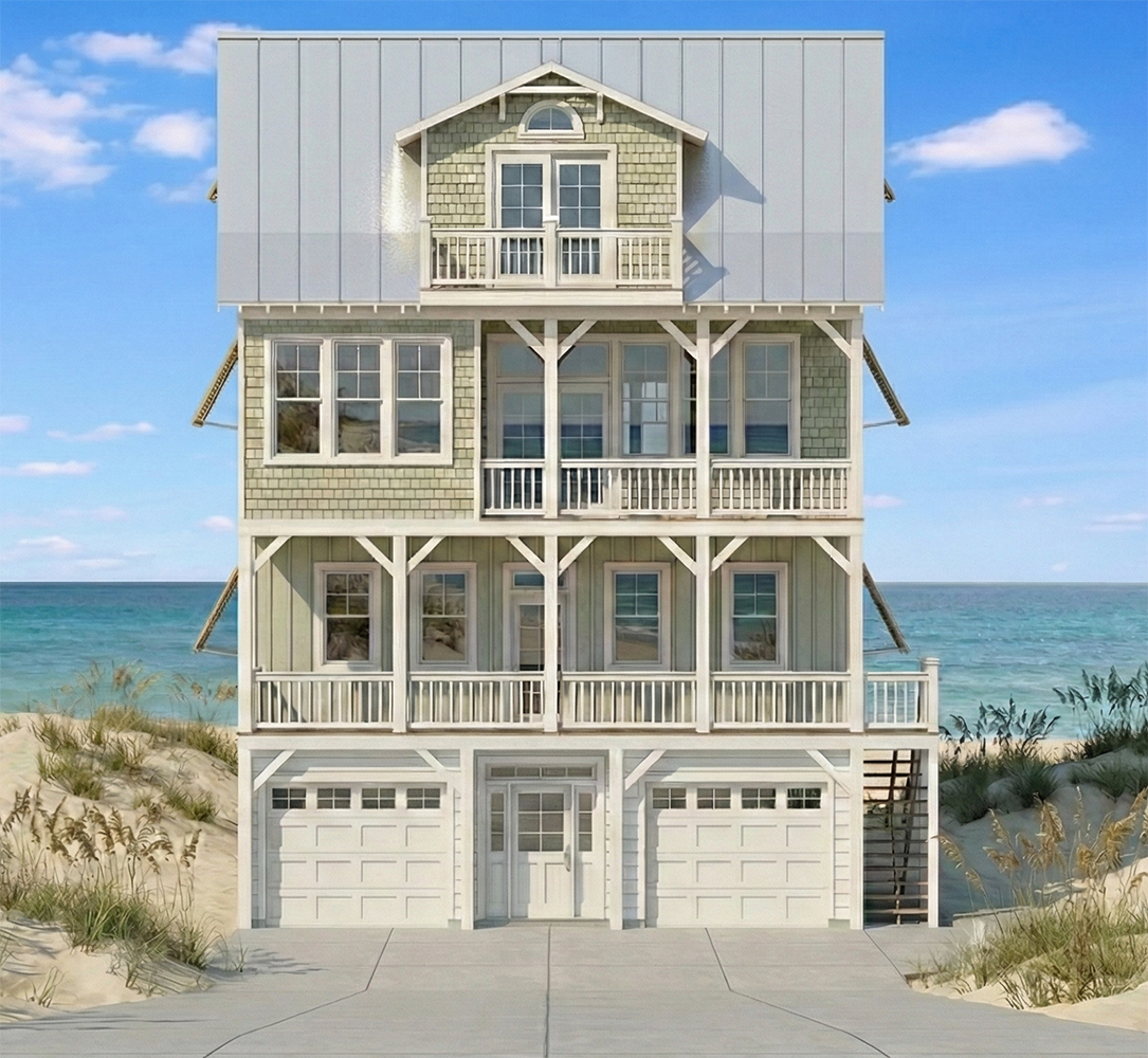 Multi-story beach house with a garage, sand dunes, and ocean in the background under a clear blue sky.